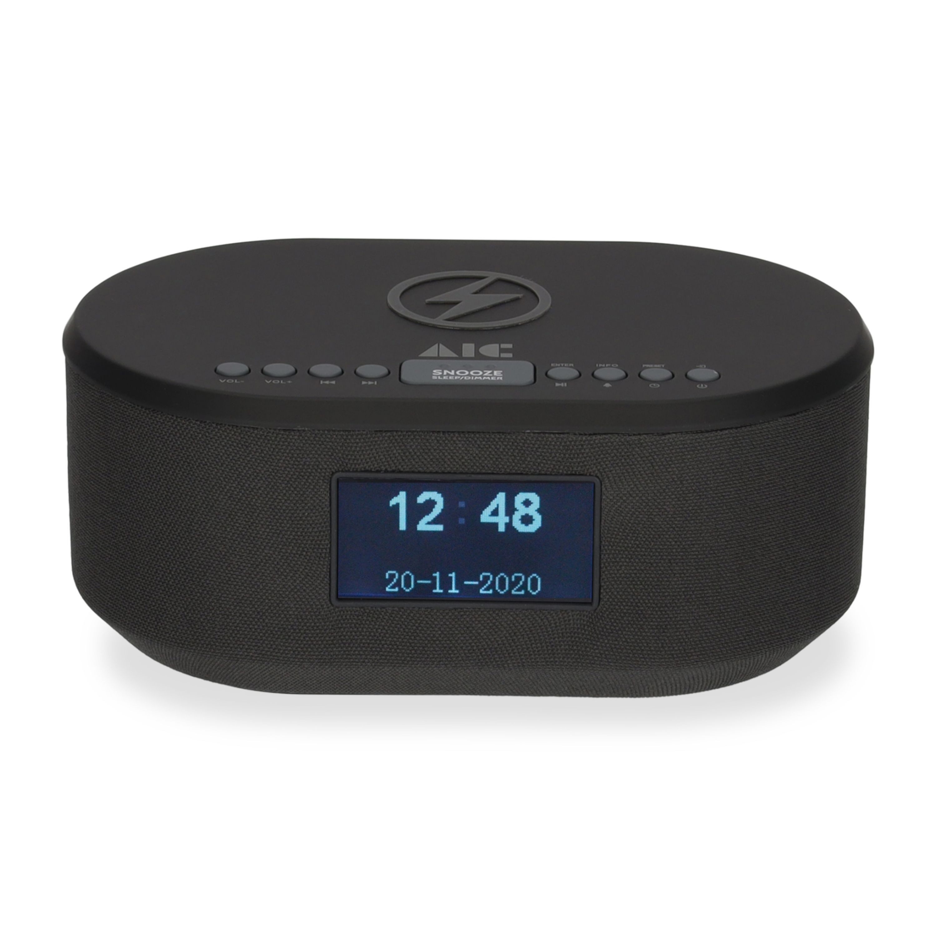AIC AIC 18DAB Schwarz Radio (Radiowecker DAB mit Ladefunktion Bluetooth QI Funktion USB Dual Alarm)