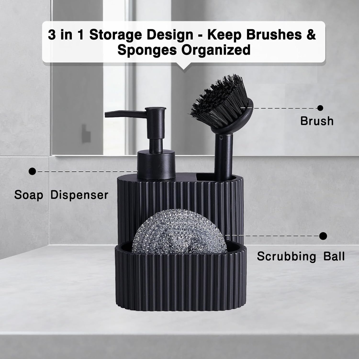 FELIXLEO Küchenorganizer-Set Spülbecken Organizer 3-teilig Schwarz mit Seifenspender Spülbürste., (1-tlg) – Bild 4 von 5