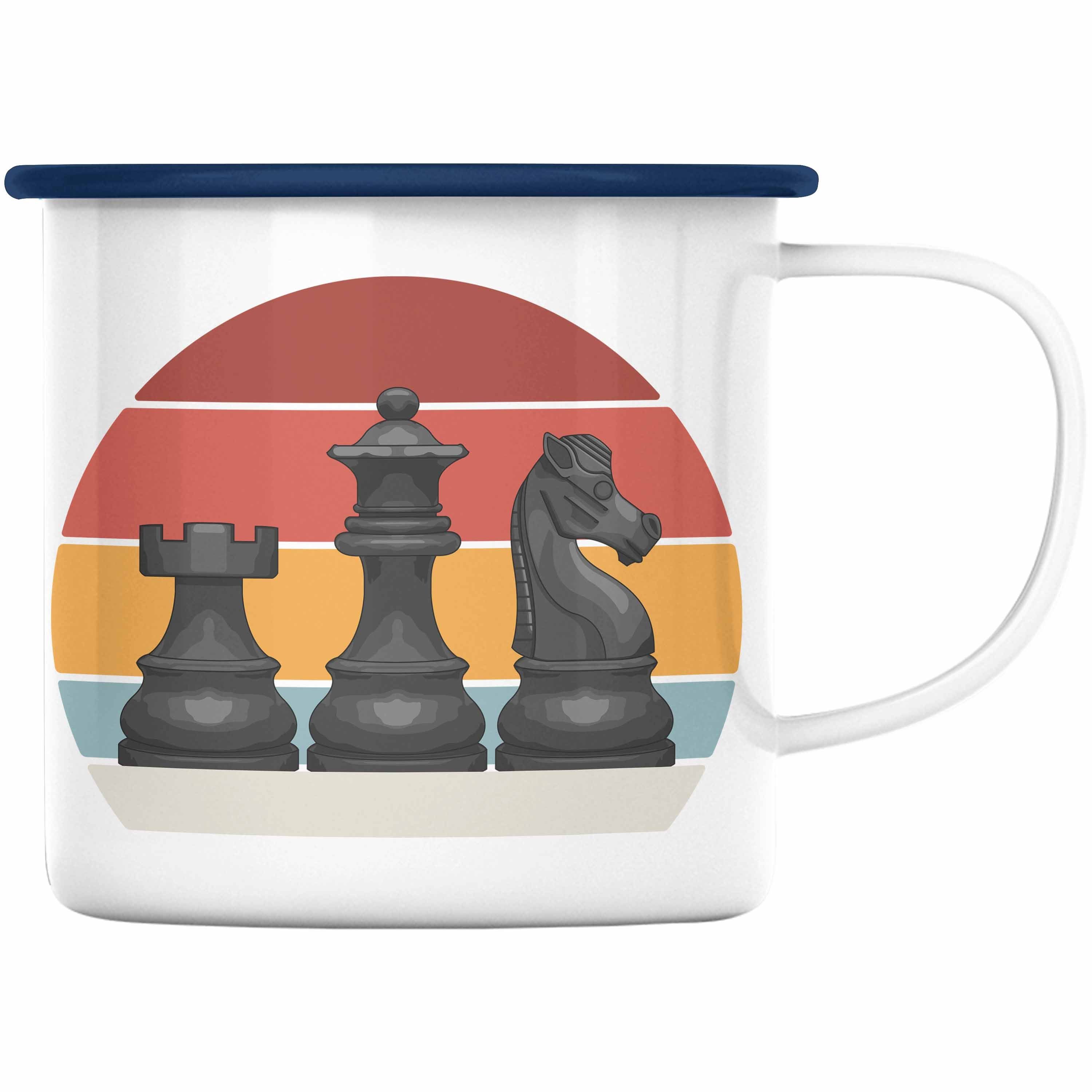 Trendation Thermotasse Trendation - Schach Geschenk Schachspieler Geschenkidee Emaille Tasse mit Schachfiguren Grafik KaffeeEmaille Tasse Lustig Blau | Teetassen