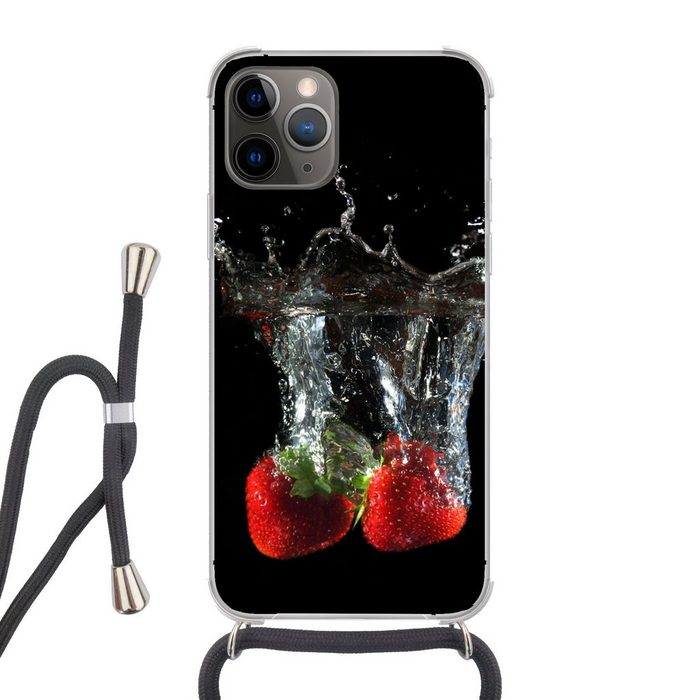 MuchoWow Handyhülle Erdbeeren - Obst - Wasser - Schwarz - Rot Handyhülle Telefonhülle Apple iPhone 12 Pro Max