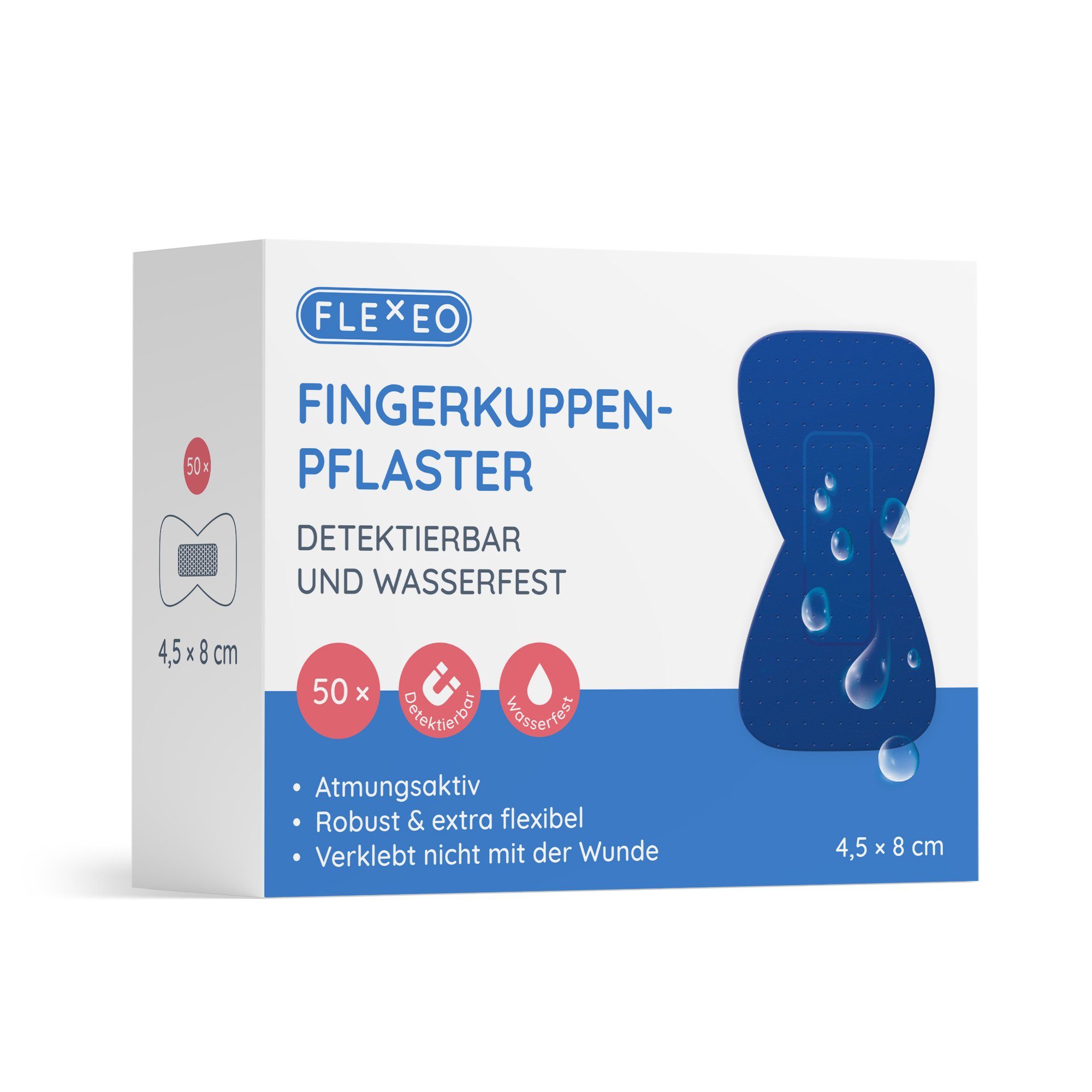 FLEXEO Wundpflaster Fingerkuppenpflaster (50 St), detektierbar wasserfest blau, 4,5x8cm