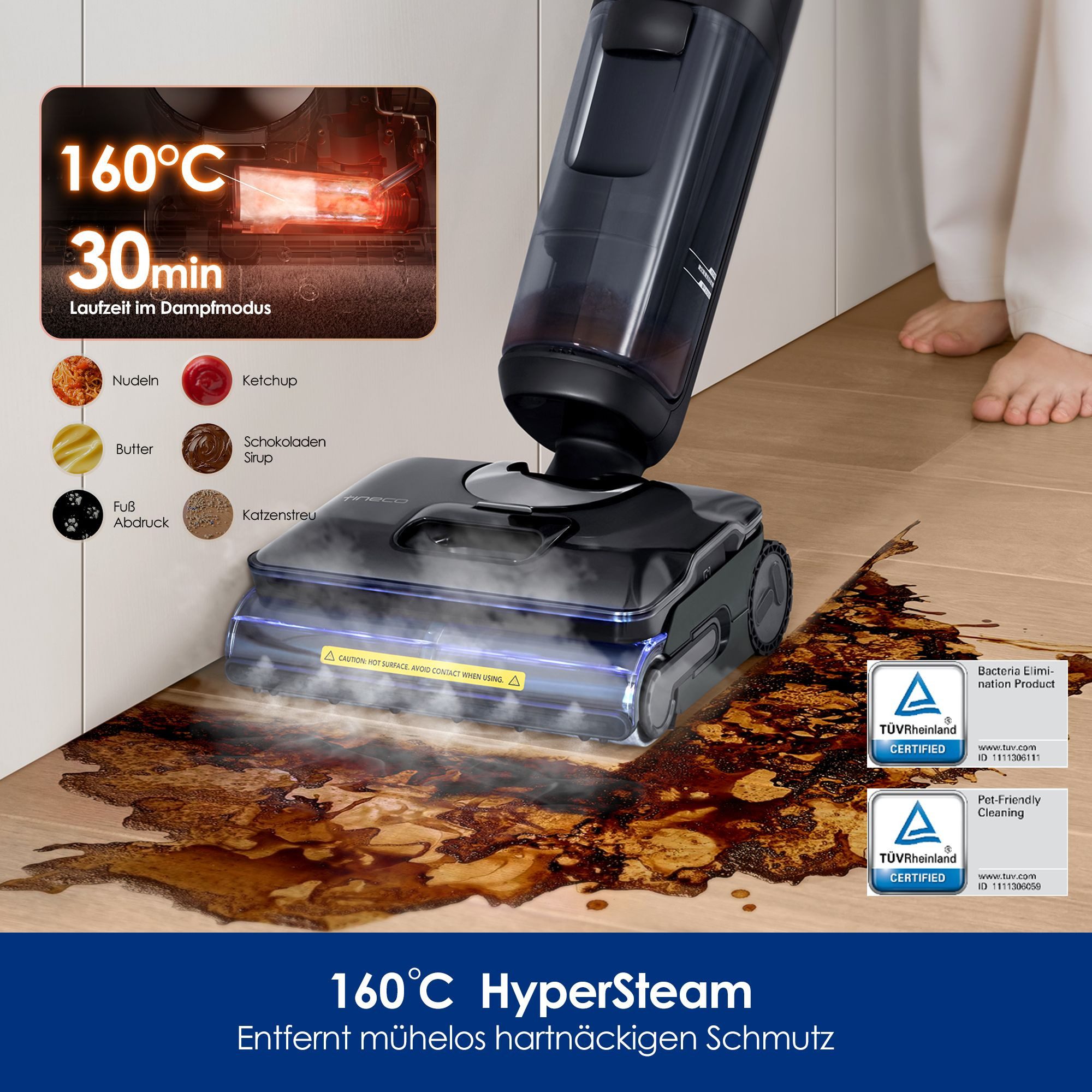 Tineco Nass-Trocken-Sauger FLOOR ONE S7 Stretch Steam Plus mit 160°C Dampfreinigung, 285 W, Selbstantrieb, 80 Minuten, Dampfreiniger