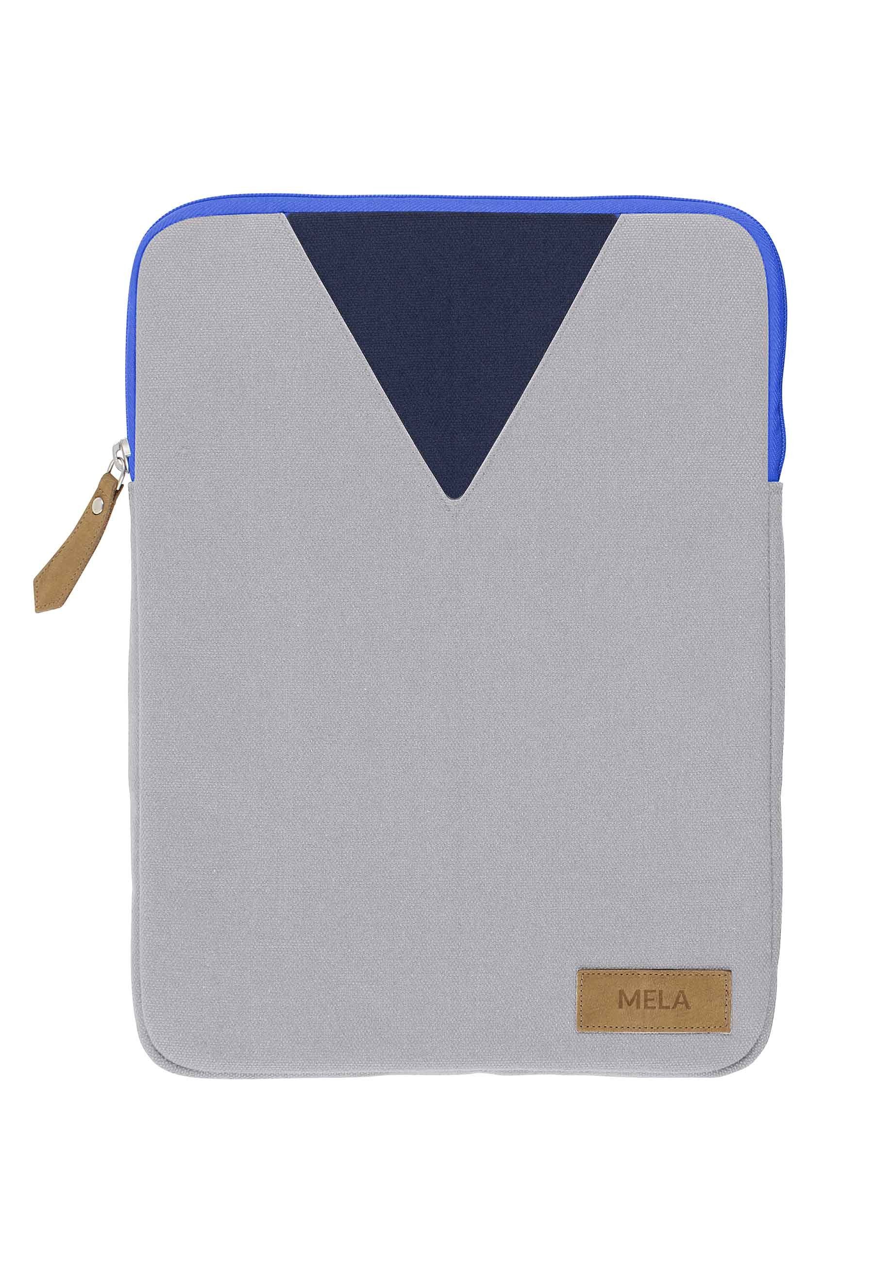 Laptoptasche MELA, aus 13" Laptophülle grau/hell-blau Leder Logo Reißverschlussanhänger MELA und