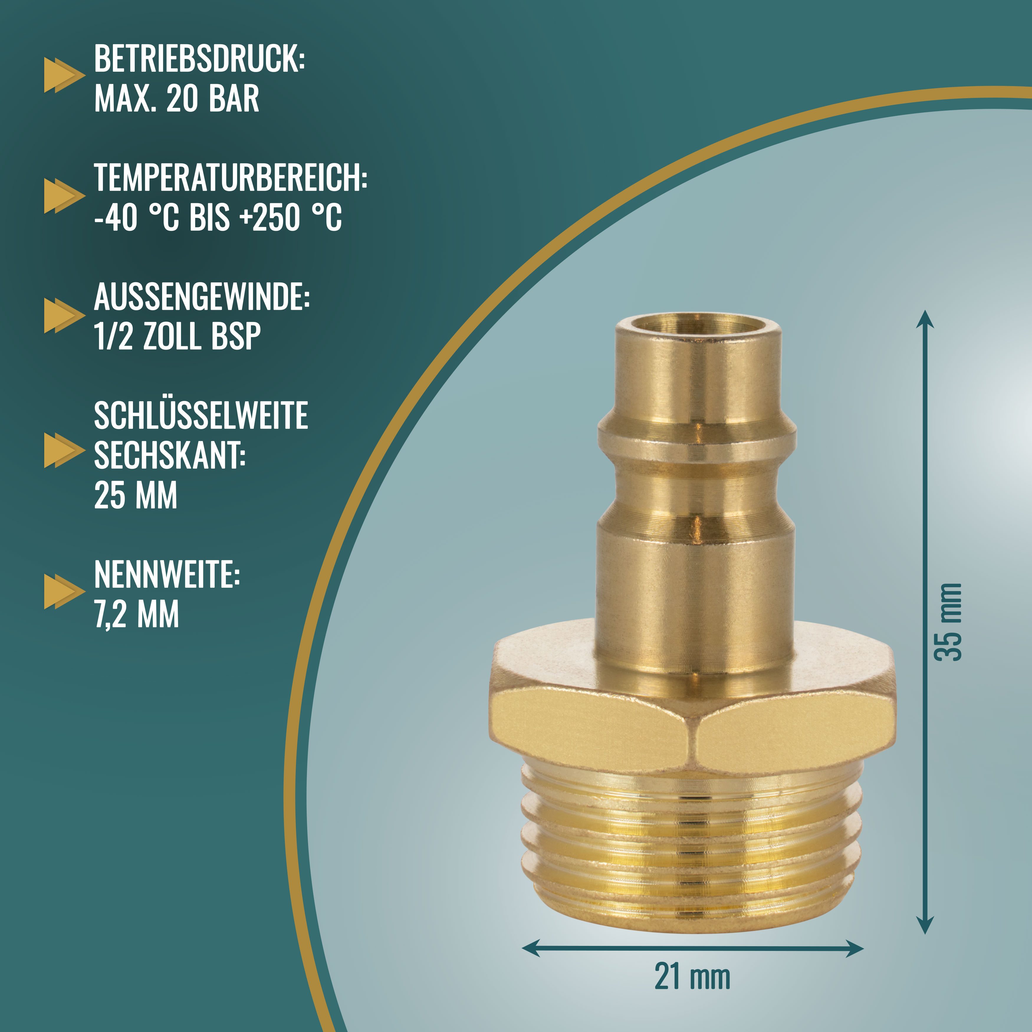 Poppstar Schnellkupplung Druckluft-Stecknippel NW 7,2 mit 1/2 Zoll Außengewinde, (1-tlg), für Druckluft-Anschluss und Pneumatik-Schläuche – Bild 2 von 5