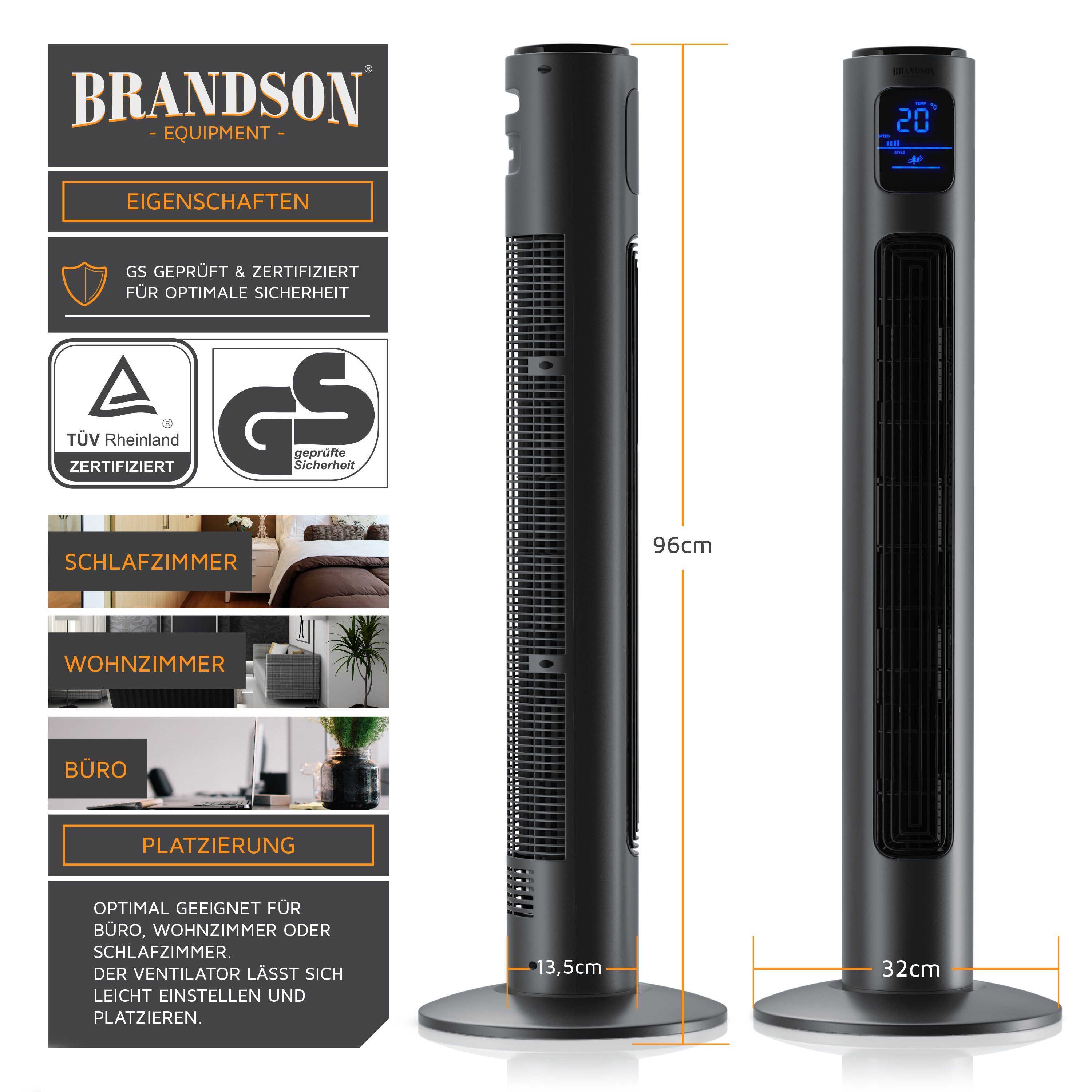 Brandson Turmventilator, Oszillation Grey Standventilator Fernbedienung, 65°, Timer, Cool 96cm