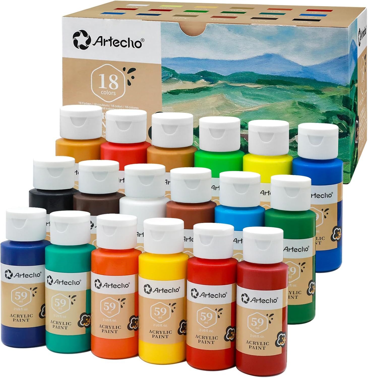 Artecho Acrylfarbe Set - 18 / 24 /48 wasserfeste Farben, je 59 ml mit Klappverschluss, für Papier, Ton, Holz, Steine – zum Reisen, Malen & Freude verschenken
