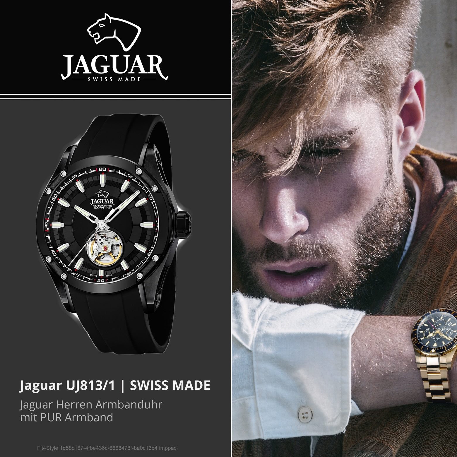 JAGUAR Quarzuhr Jaguar Herren Uhr Automatik J813/1 PUR, (Analoguhr), Herren Armbanduhr rund, PURarmband schwarz, Elegant