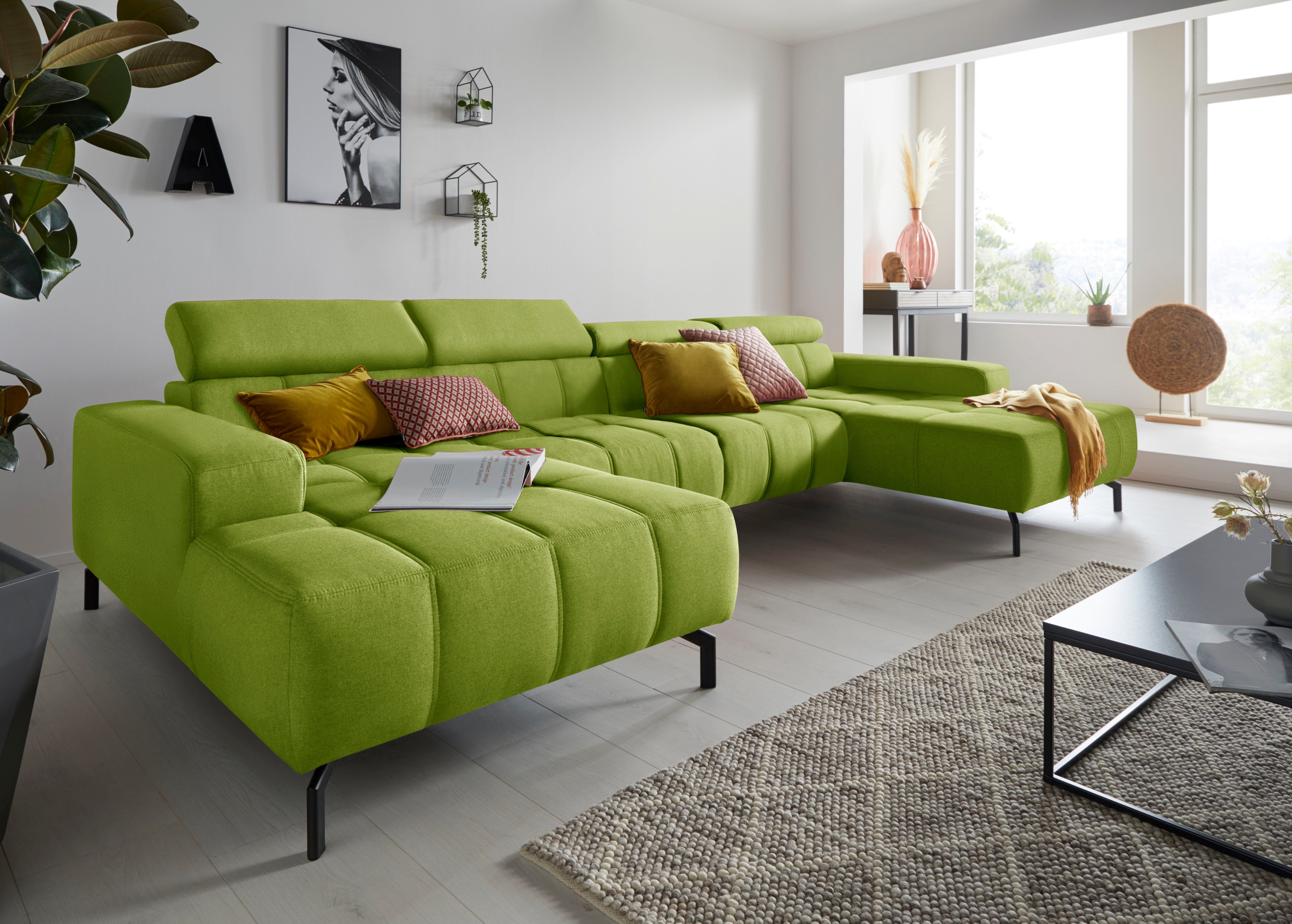 DOMO collection Wohnlandschaft Cunelli tolle Sitznähte als Designelement, fester Sitzkomfort, U-Form, whlw. verstellbare Kopfteile, passend für gängige Saugroboter
