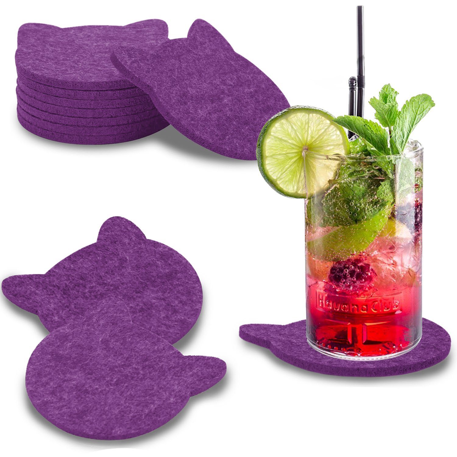 wortek Getränkeuntersetzer Filz-Untersetzer Katze für Gläser 8er Tischset, Zubehör für Tisch & Gläser, Set, 8-tlg., cm