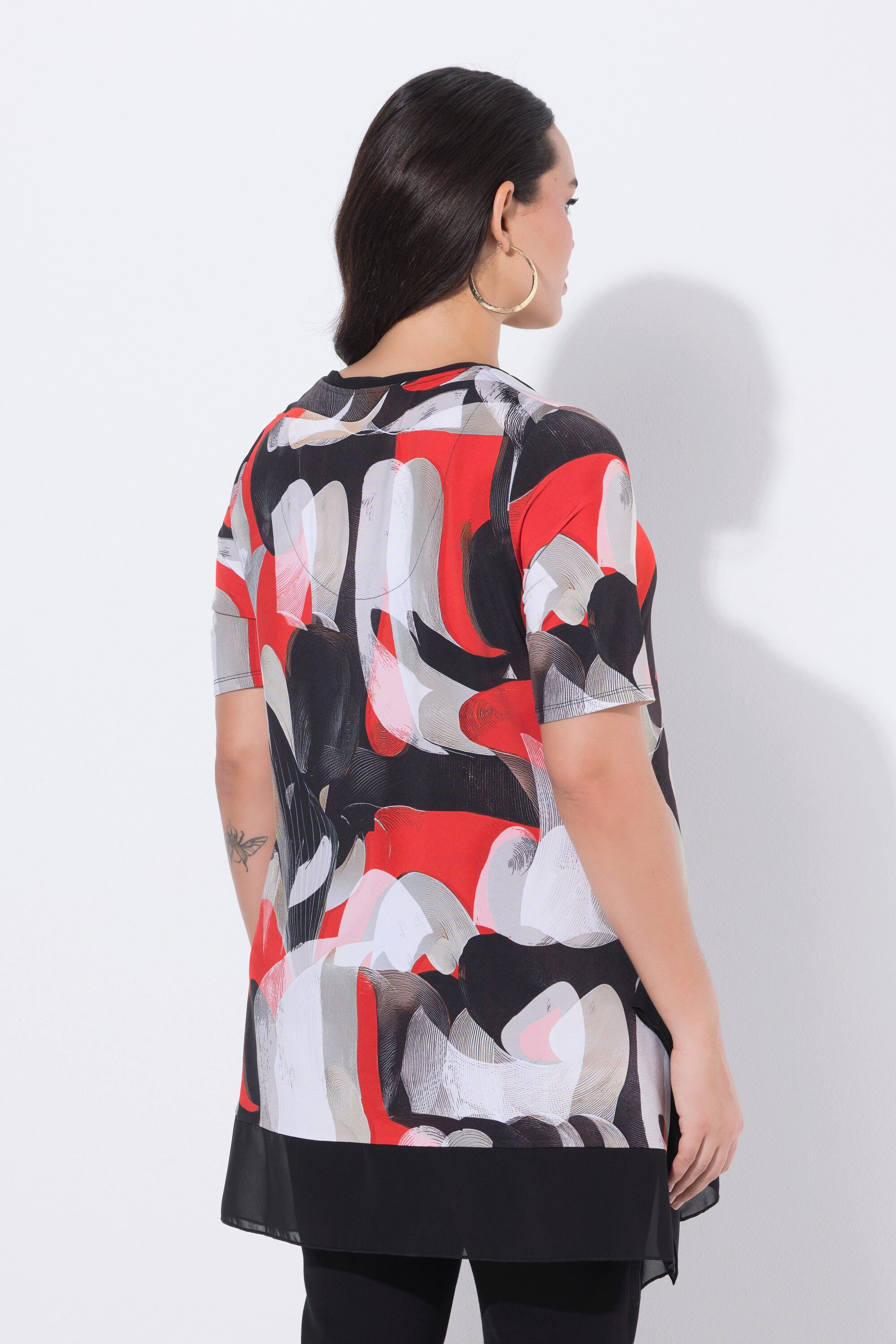 Ulla Popken T-Shirt Slinky-Shirt Chiffonsaum V-Ausschnitt Halbarm