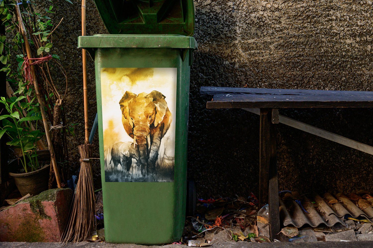 Mülleimer-aufkleber, Sticker, St), Elefant Kind Abfalbehälter MuchoWow - Mülltonne, Container, Wandsticker Aquarell - (1