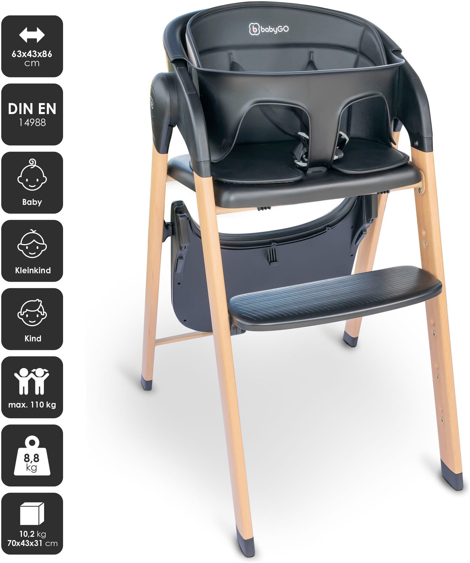 BabyGo Hochstuhl Levels, black wood optic, platzsparend zusammenklappbar günstig online kaufen