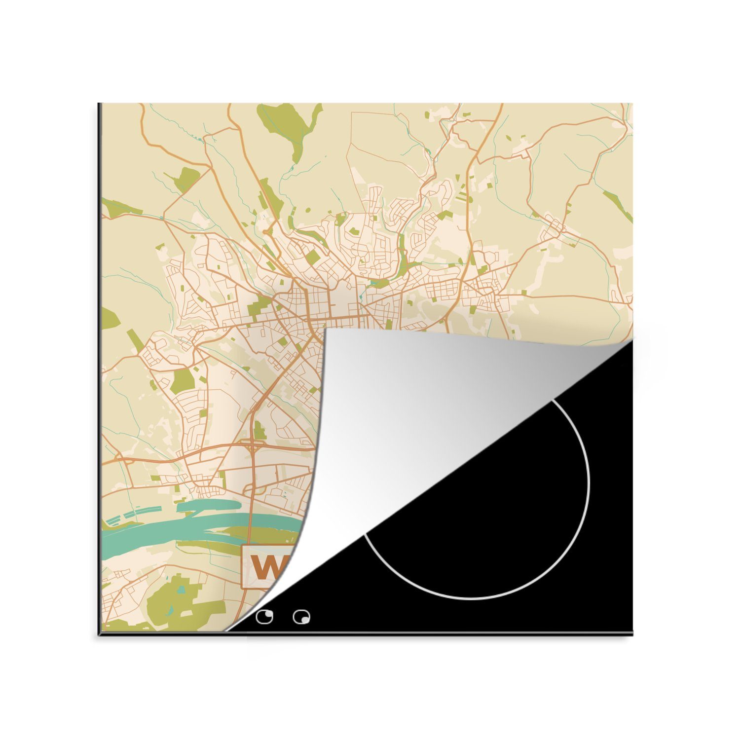 MuchoWow Herdblende-/Abdeckplatte Karte - - küche - Arbeitsplatte (1 Wiesbaden cm, Stadtplan, Ceranfeldabdeckung, tlg), 78x78 Vintage Vinyl, für