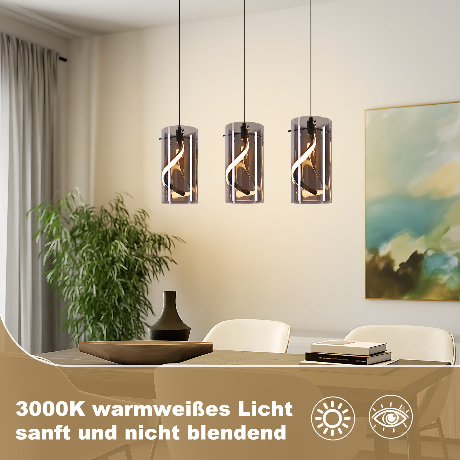ZMH LED Pendelleuchte Esstisch Hängelampe Modern 3000K Hängeleuchte Glas 1/3 Flammig, LED fest integriert, Warmweiß, 8W Schwarz Pendellampe für Wohnzimmer Esszimmer Küche