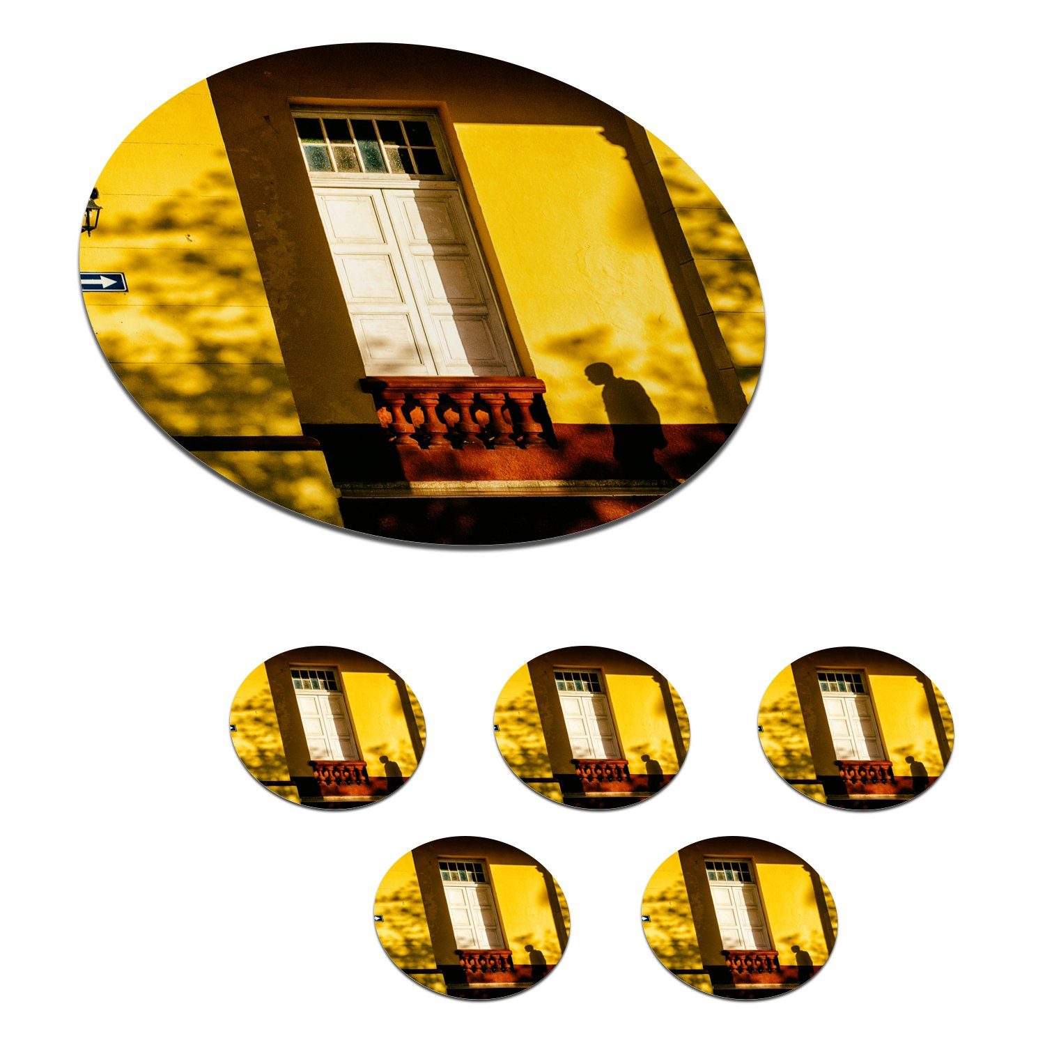 MuchoWow Glasuntersetzer Tür - Gelb - Architektur - Schatten, Zubehör für Gläser, 6-tlg., Getränkeuntersetzer, Tassenuntersetzer, Korkuntersetzer, Tasse, Becher