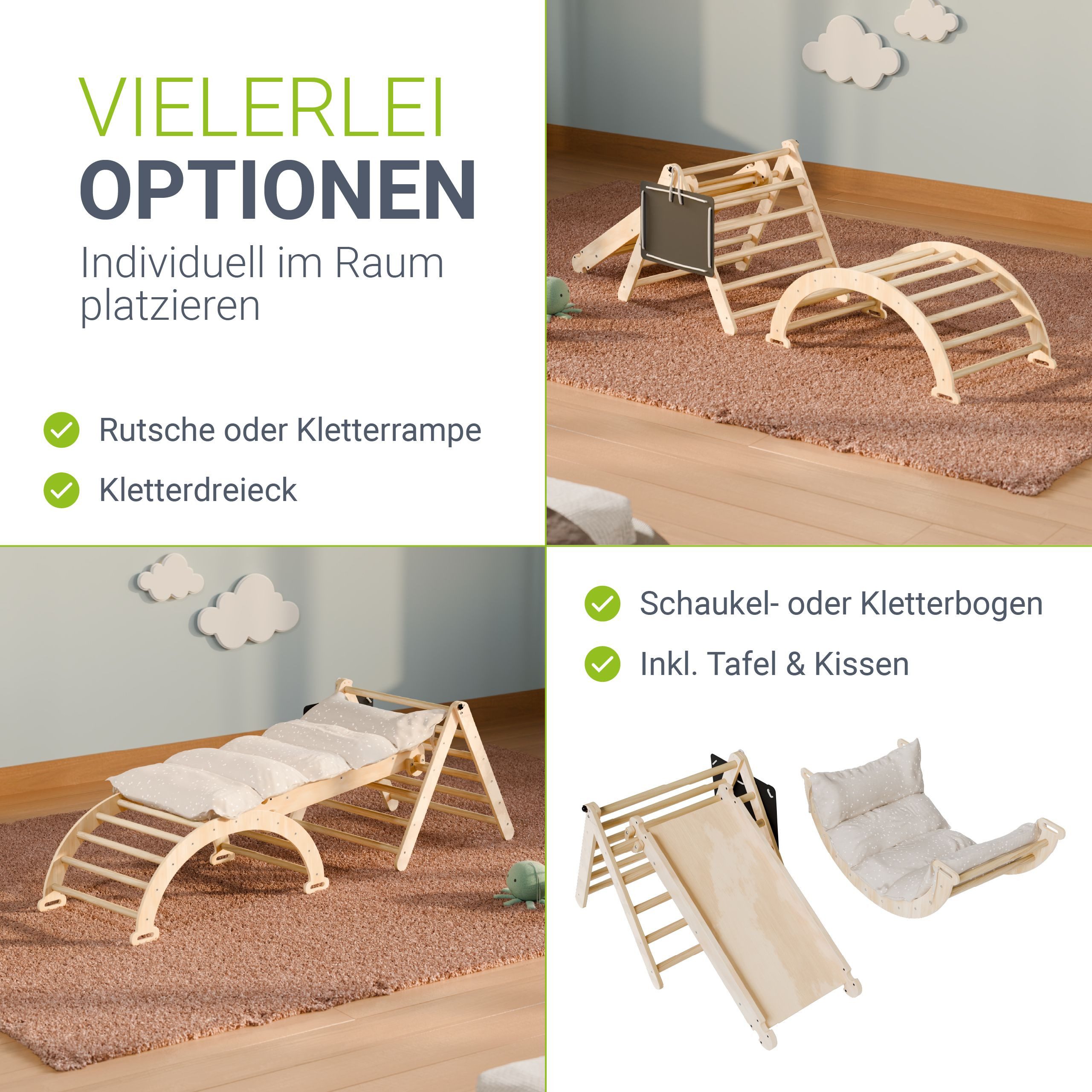 Juskys Klettergerüst Movario Klein, (4-St), Indoor Kletterdreieck, Kletterbogen mit Kissen, Rutsche, Tafel