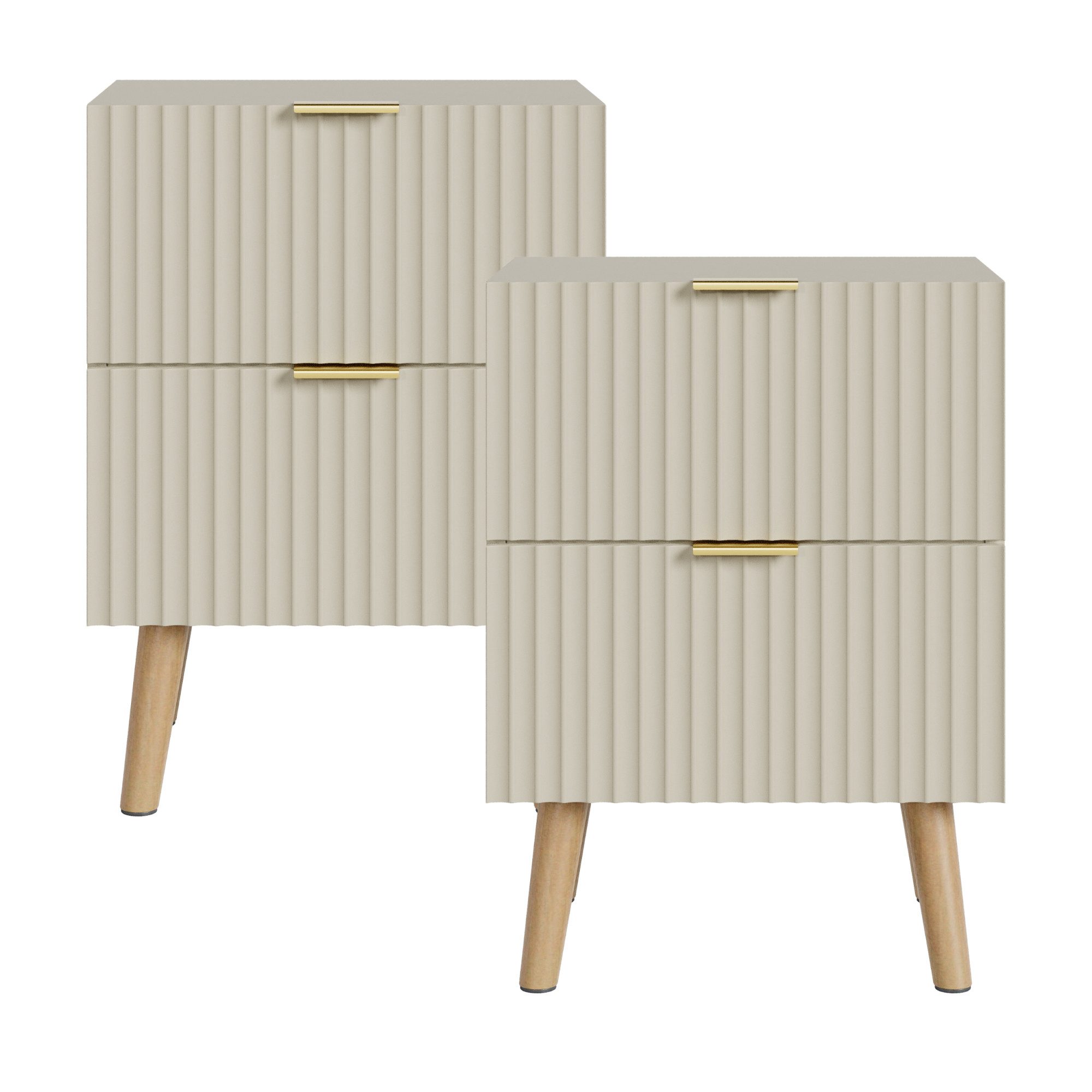 en.casa Nachttisch (Set, 2-St), »Nand« 2 Schubladen 55x40x30 cm Holzbeine Sandfarben