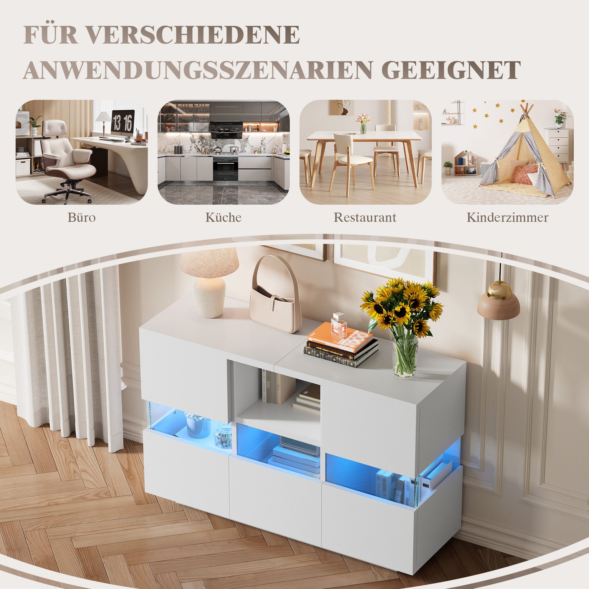 MODFU Sideboard Schrank mit schwebender Ober- und bodenstehender Unterebene (Stauraum geschützt vor Staub und flexibel nutzbar, Küchenschrank Anrichte)