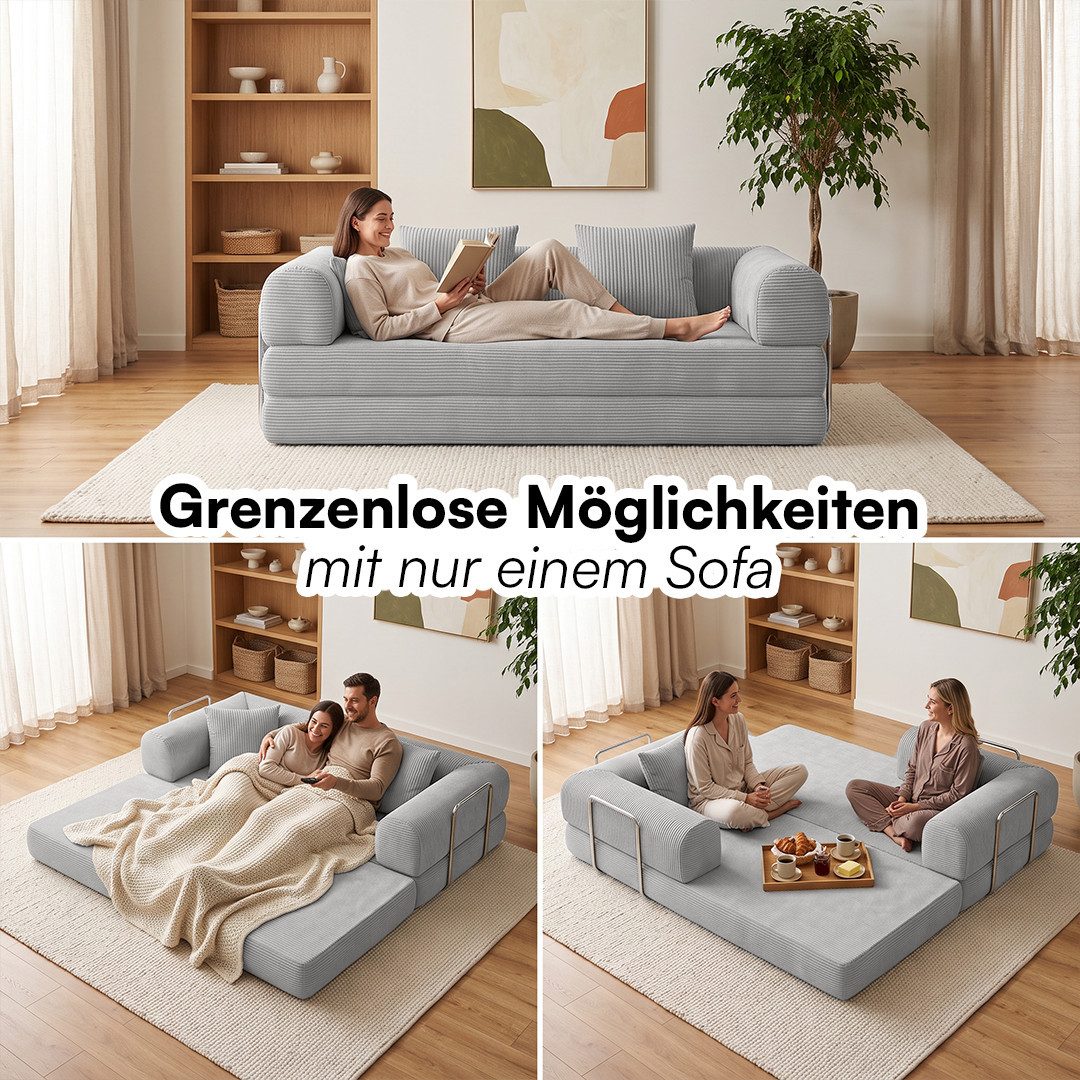 skølm Sofa & Sessel Lofn aus Vollschaum Cord, umwandelbar zum Schlafsofa/-Sessel, Hellgrau, Cordsofa 200 cm breit, 2 Sitzer, kein Aufbau erforderlich, vakuumier – Bild 5 von 5