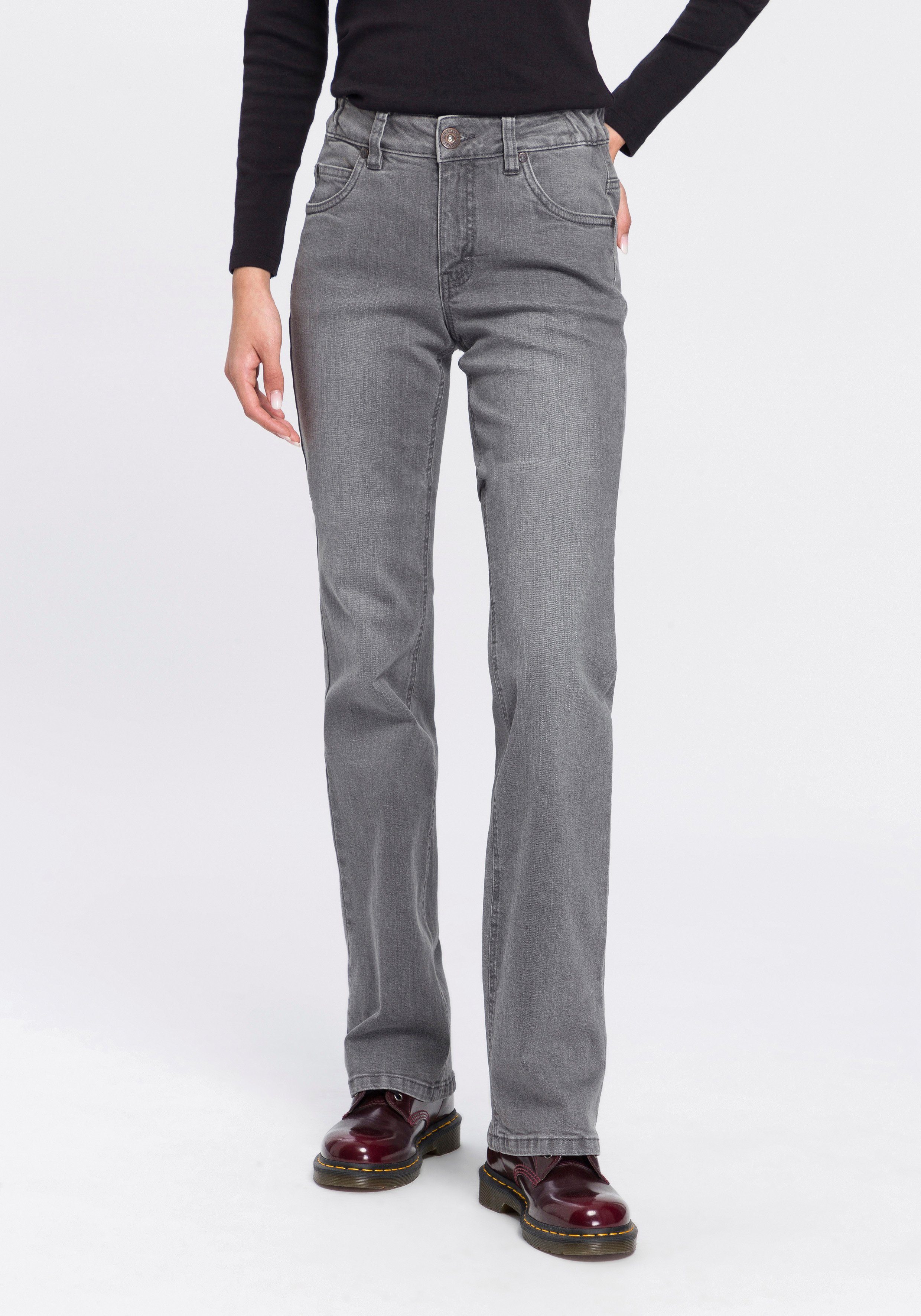 Arizona Bootcut-Jeans Bund mit seitlichem Gummizugeinsatz High Waist grey-used