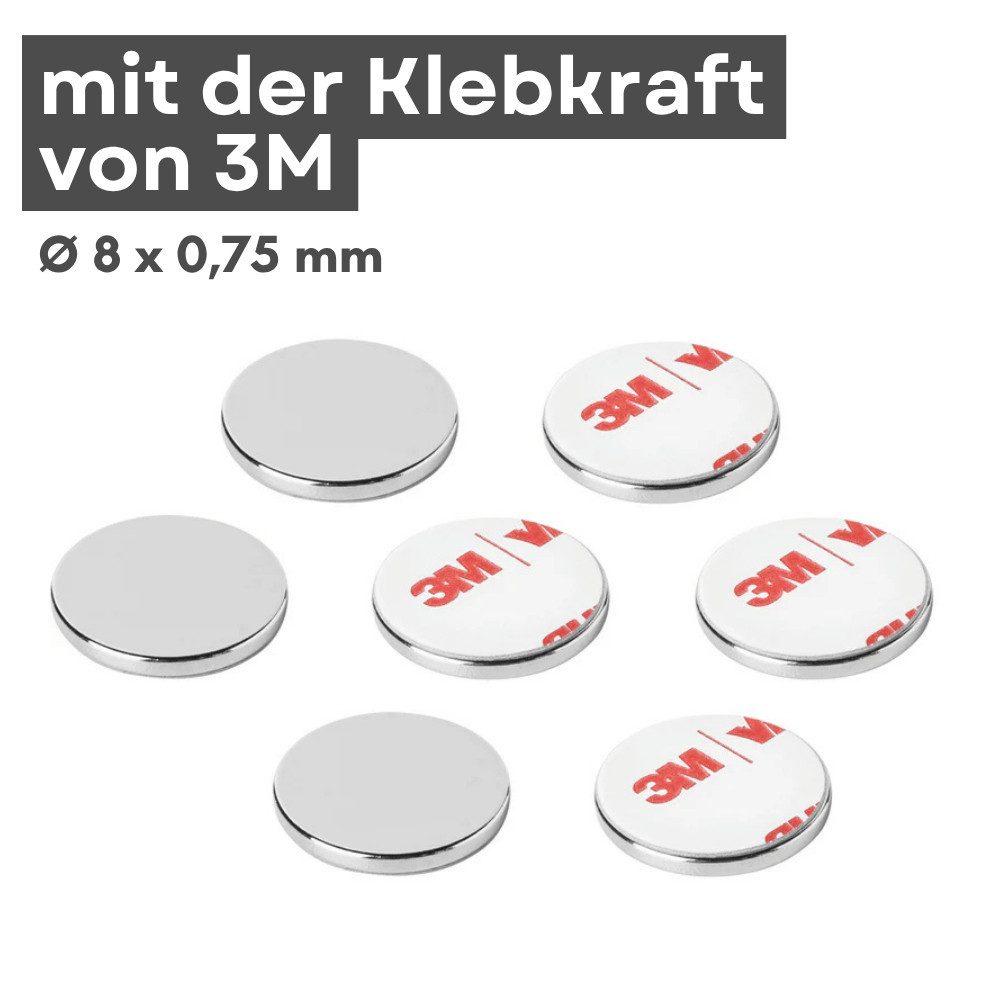 MaajeeKuto Magnet 3M Neodym Scheibenmagnet Ø8x0,75 mm selbstklebend N42 – 0,37 kg (2-St)