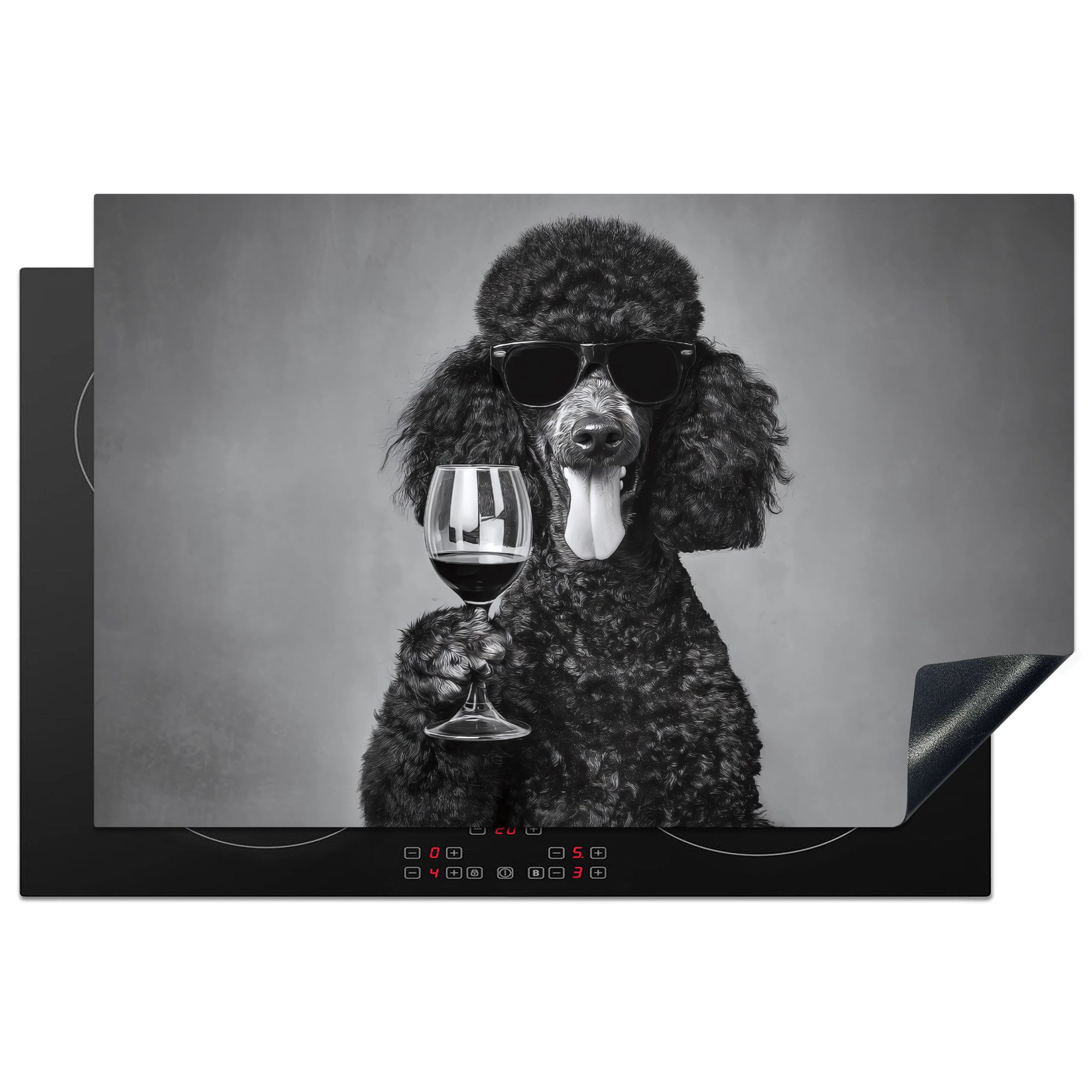 MuchoWow Herd-Abdeckplatte Hund - Locken - Sonnenbrille - Wein, Vinyl, (1 tlg), Küche Herdabdeckplatte Ceranfeld Vinyl Einteilig, 81x52 cm