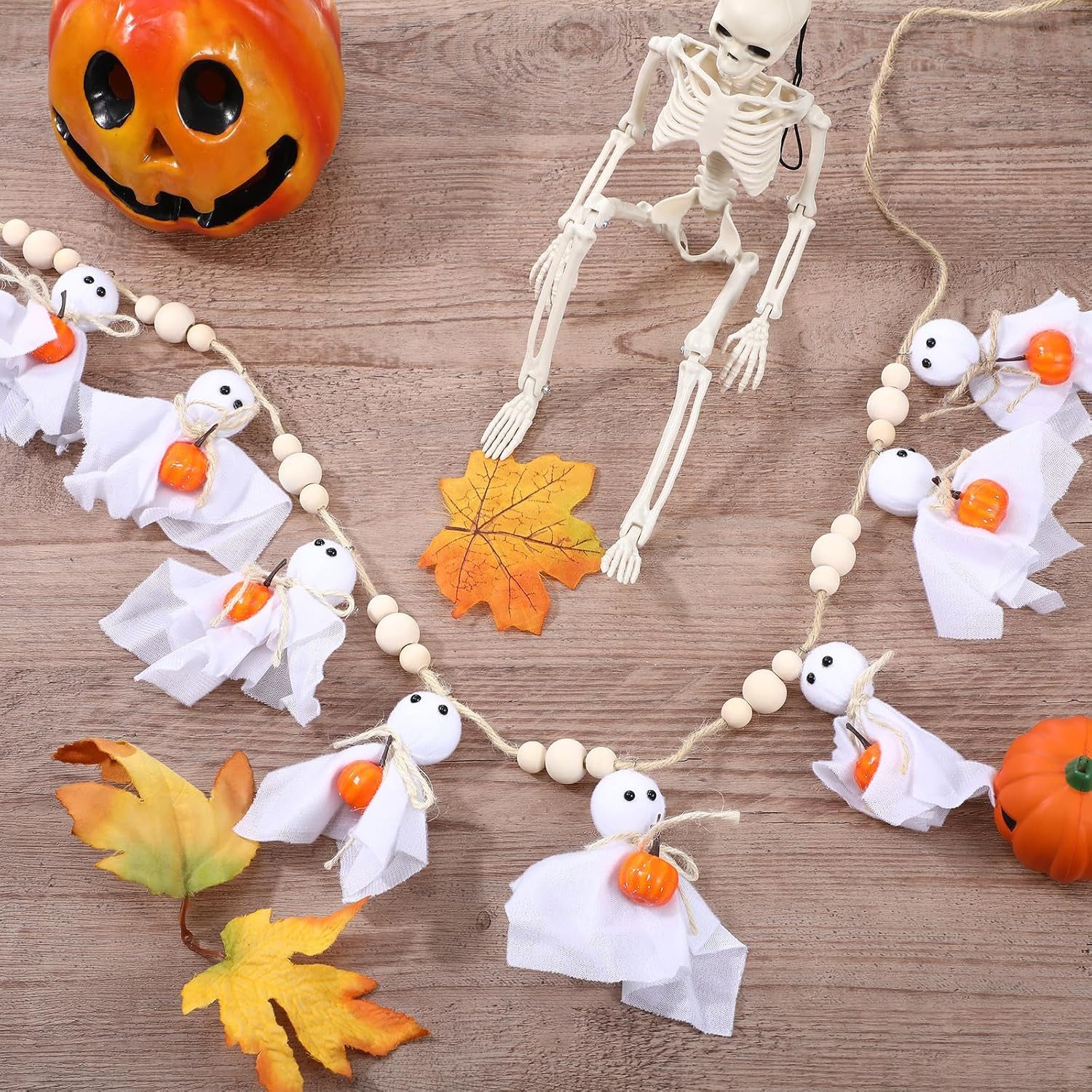 Sorvyzxn Dekohänger Halloween Girlande 1er Set, Weiße Geister-Deko mit Holzperlen, Niedliche Gespenster-Girlande für Kaminsims, Wand & Zuhause – Bild 4 von 5