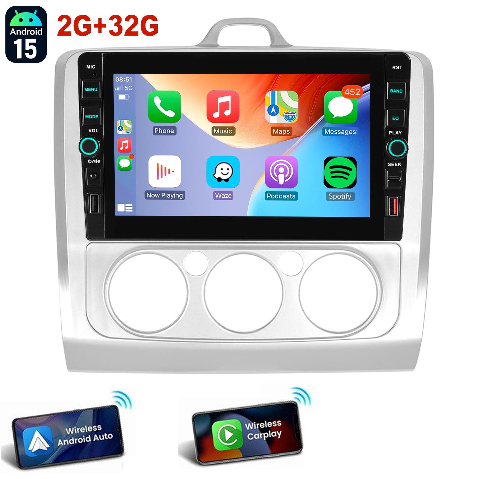 ESSGOO Für Ford Focus II MK2 2004-2011 Android 15 Carplay Autoradio GPS Navi Autoradio (RDS, 4+64GB(optional), Digitalradio (DAB), USB- und Type-C, DAB+ (optional), Apple Carplay Android Auto GPS Navi WIFI BT EQ mit USB- und Type-C)