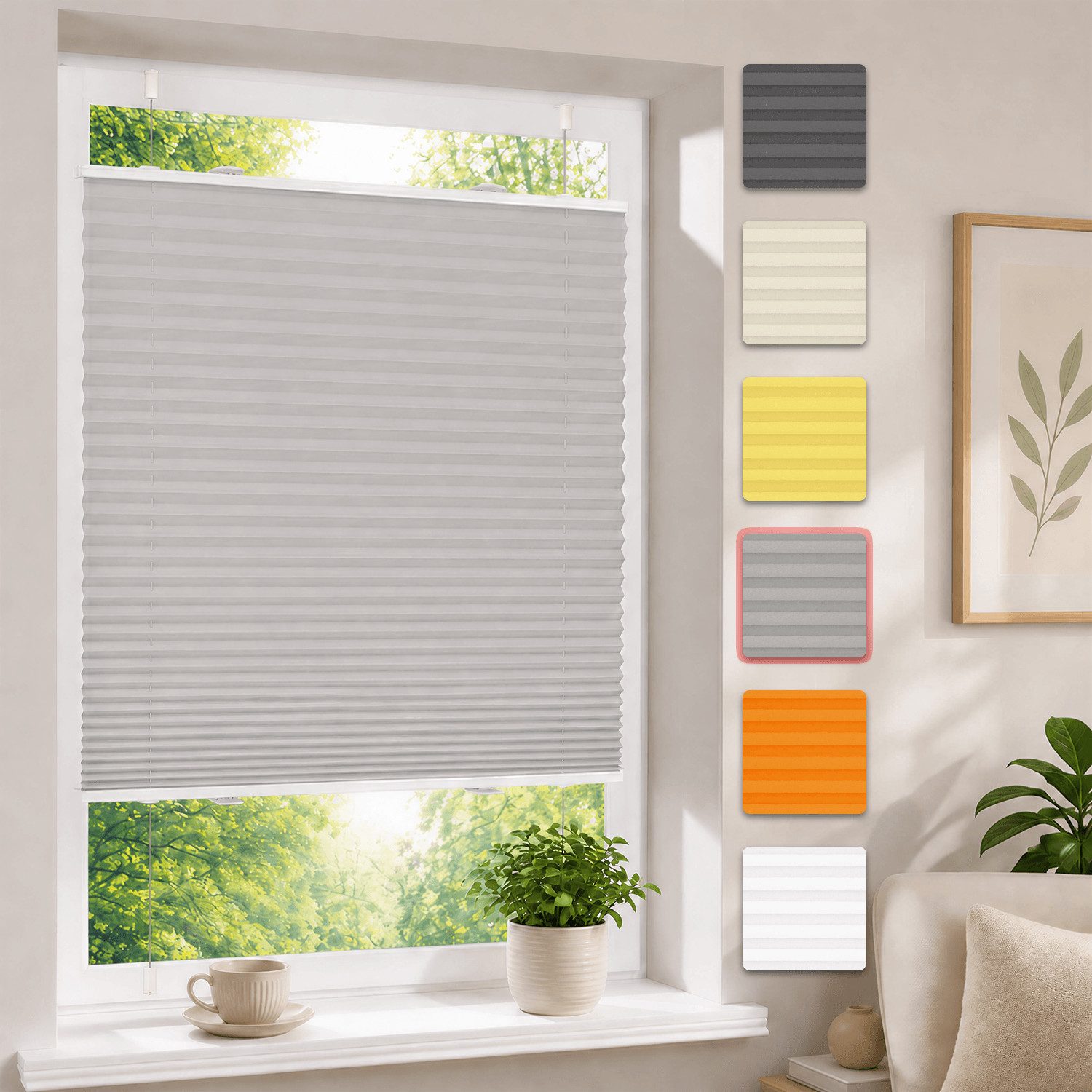OUBO Plissee Faltrollo Ohne Bohren, Lichtschutz, Klemmträger,Easyfix, Lichtschutz, verspannt, Klemmfix, Jalousie für Fenster & Tür