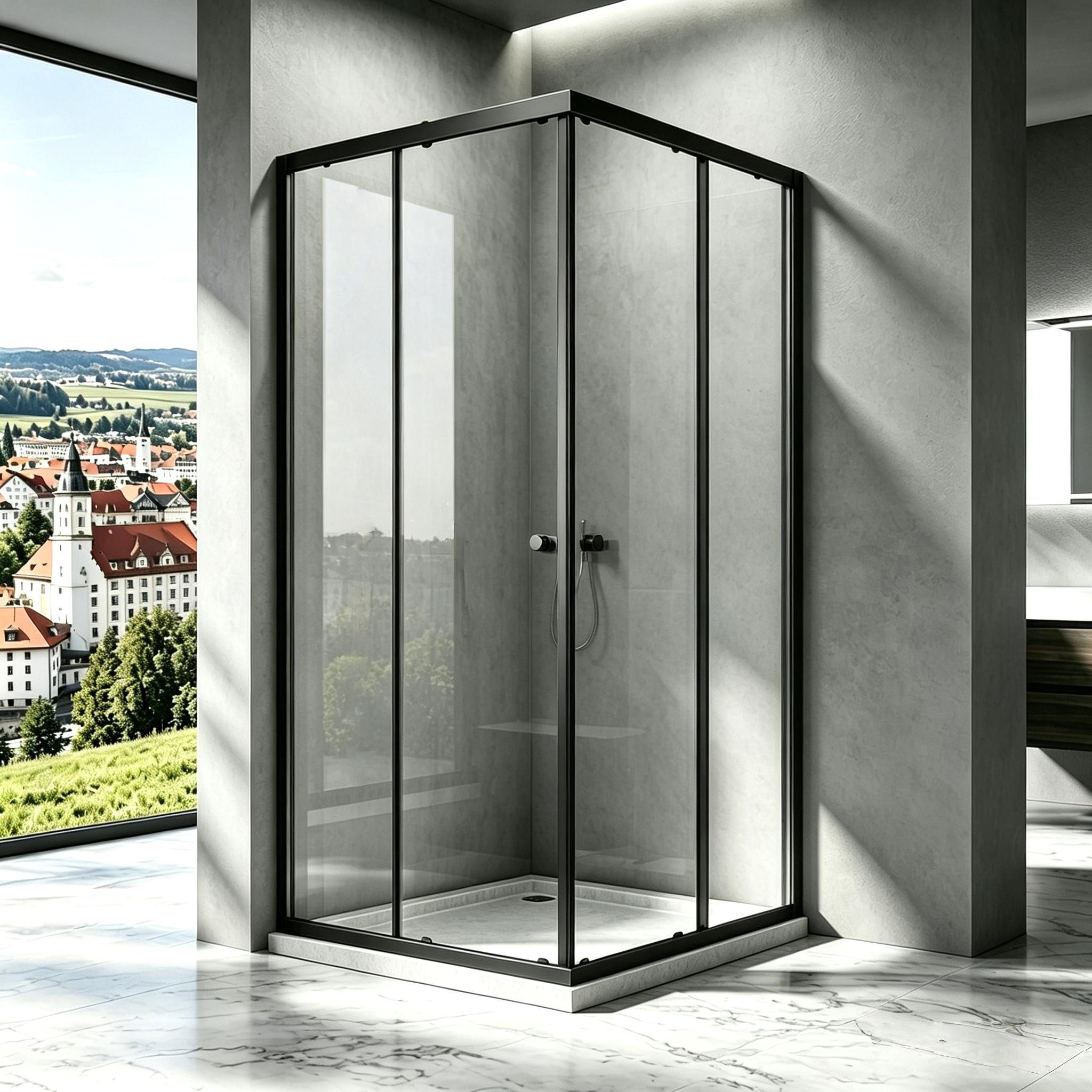 Boromal Eckdusche Duschkabine Schwarz 90x90 75x75 90x75 H:185 Eckeinstieg mit schiebetür, BxT: 90x75 cm, 5mm ESG, Duschwand Duschtür für Dusche, 100x100, 100x90cm, Aluminiumrahmen, Aluminiumprofile, Magnetdichtleisten