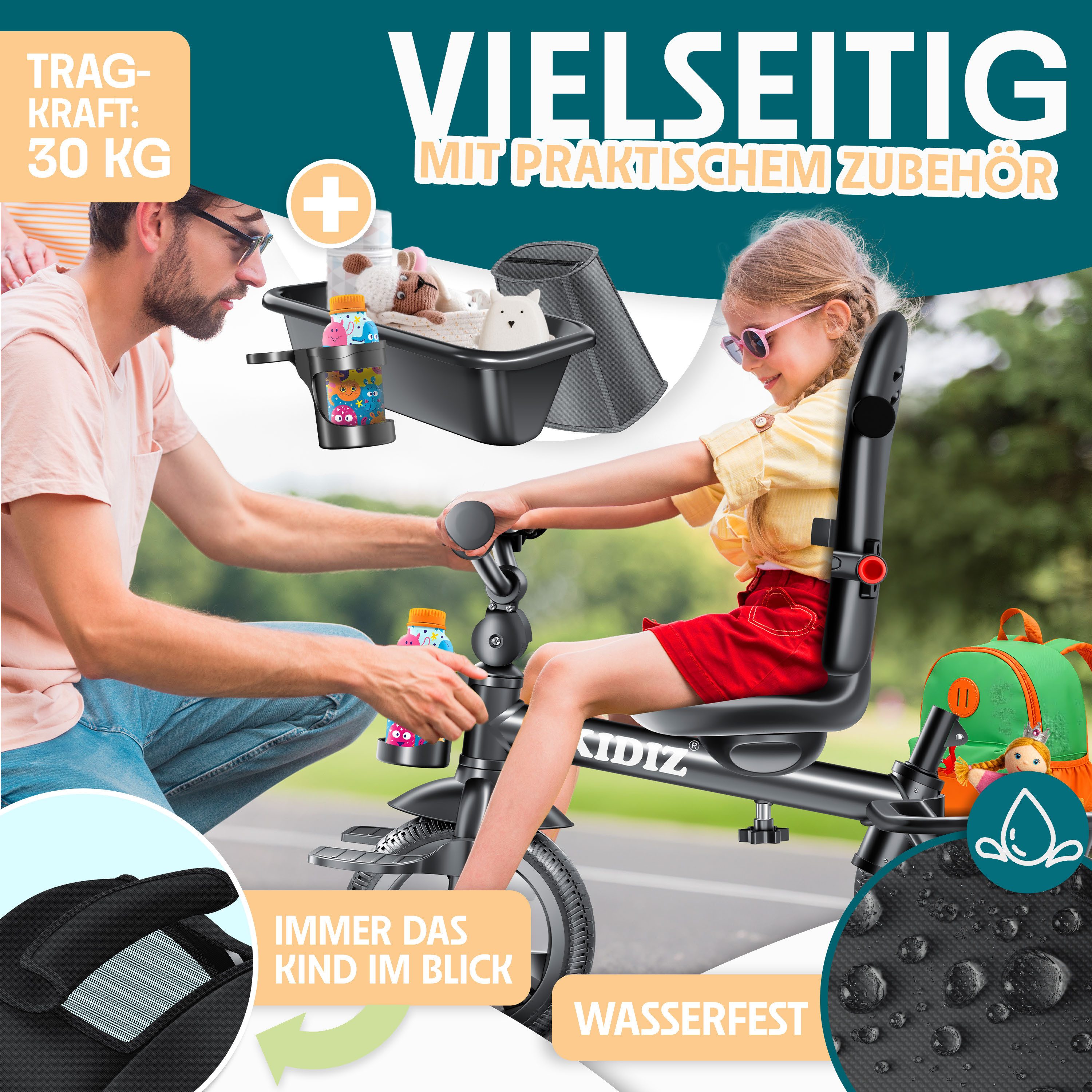 KIDIZ Dreirad, Dreirad 5in1 Kinderdreirad mit Schubstange Lenksystem Stange