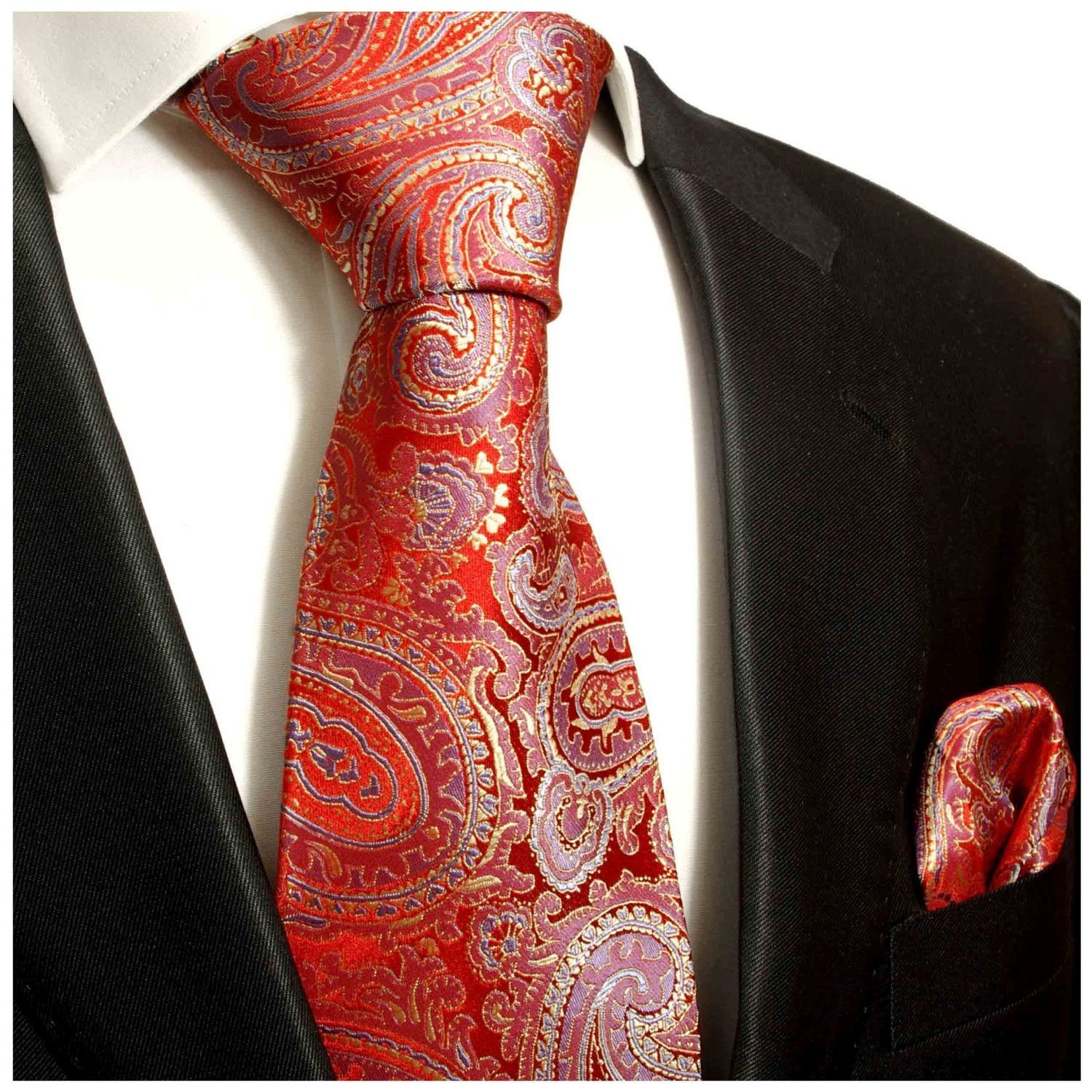 Paul Malone Krawatte Herren Seidenkrawatte und Tuch modern paisley brokat 100% Seide (Set, 2-St., Krawatte mit Einstecktuch) Schmal (6cm), rot blau gold 696 | Breite Krawatten