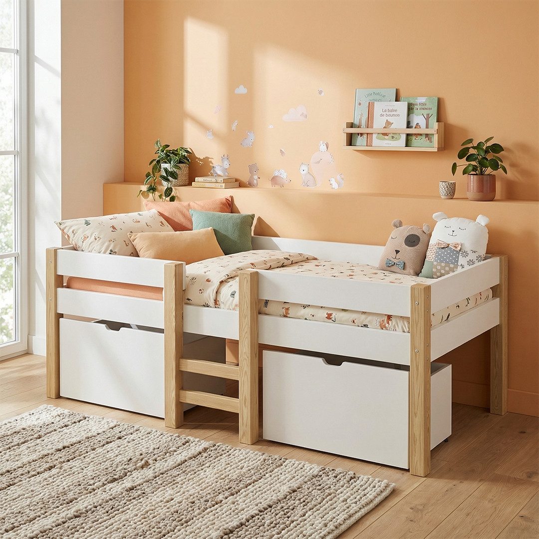 Bellabino Hochbett Aspy mit Rausfallschutz und Lattenrost 90x200 cm (natur günstig online kaufen