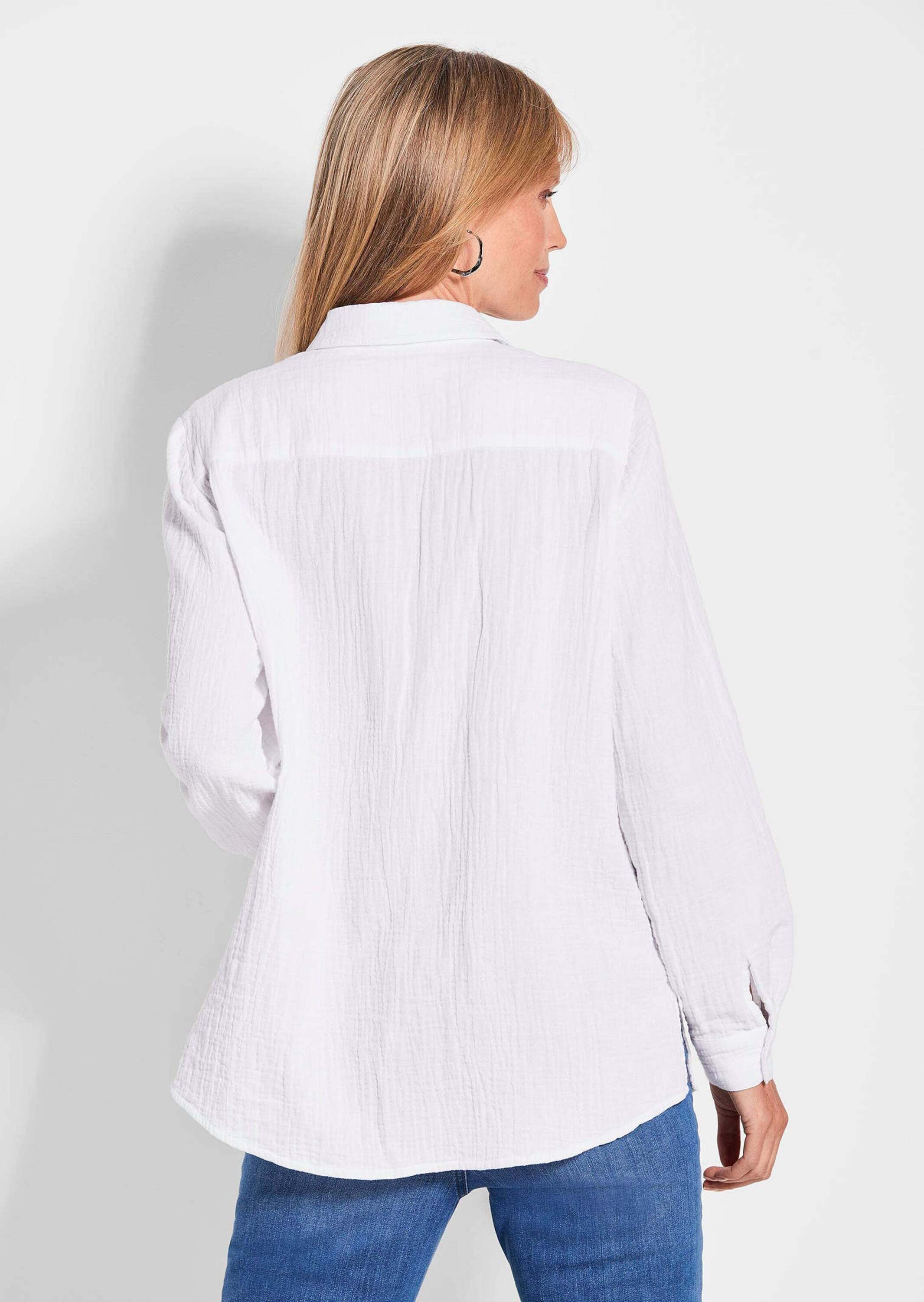 GOLDNER Hemdbluse Kurzgröße: Verlängerte Langarm Musselin-Bluse Luftiges Musselin-Hemd für Damen mit Seitenschlitzen