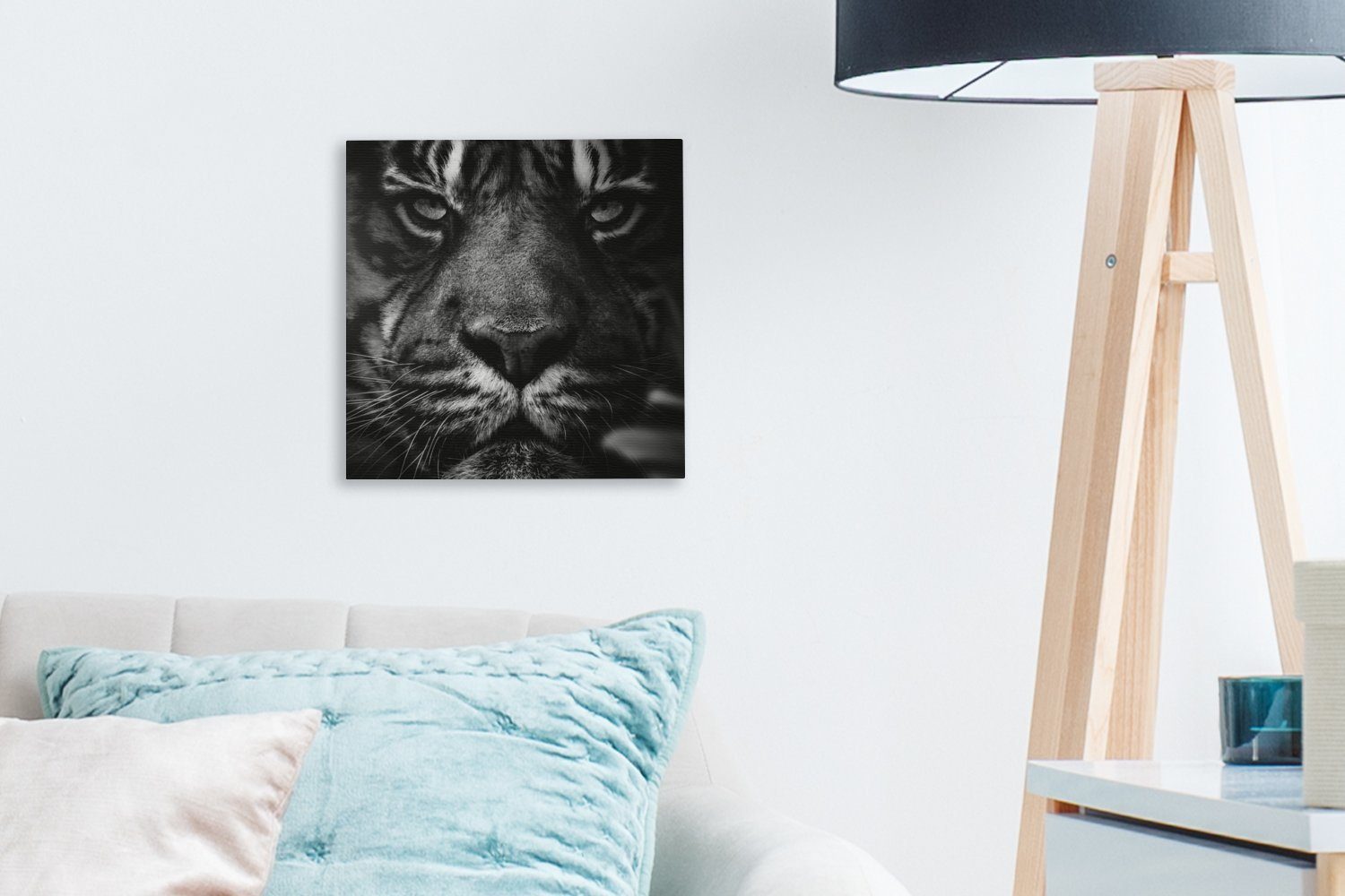 OneMillionCanvasses® Leinwandbild Leinwand Weiß, Schwarz Tiere Bilder Tiger (1 - Wohnzimmer St), - - für Schlafzimmer - Wild