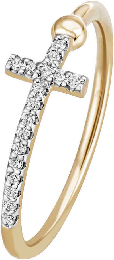 Firetti Fingerring Schmuck Geschenk Gold 585 Goldring Shiny Cross Kreuz, mit Brillanten