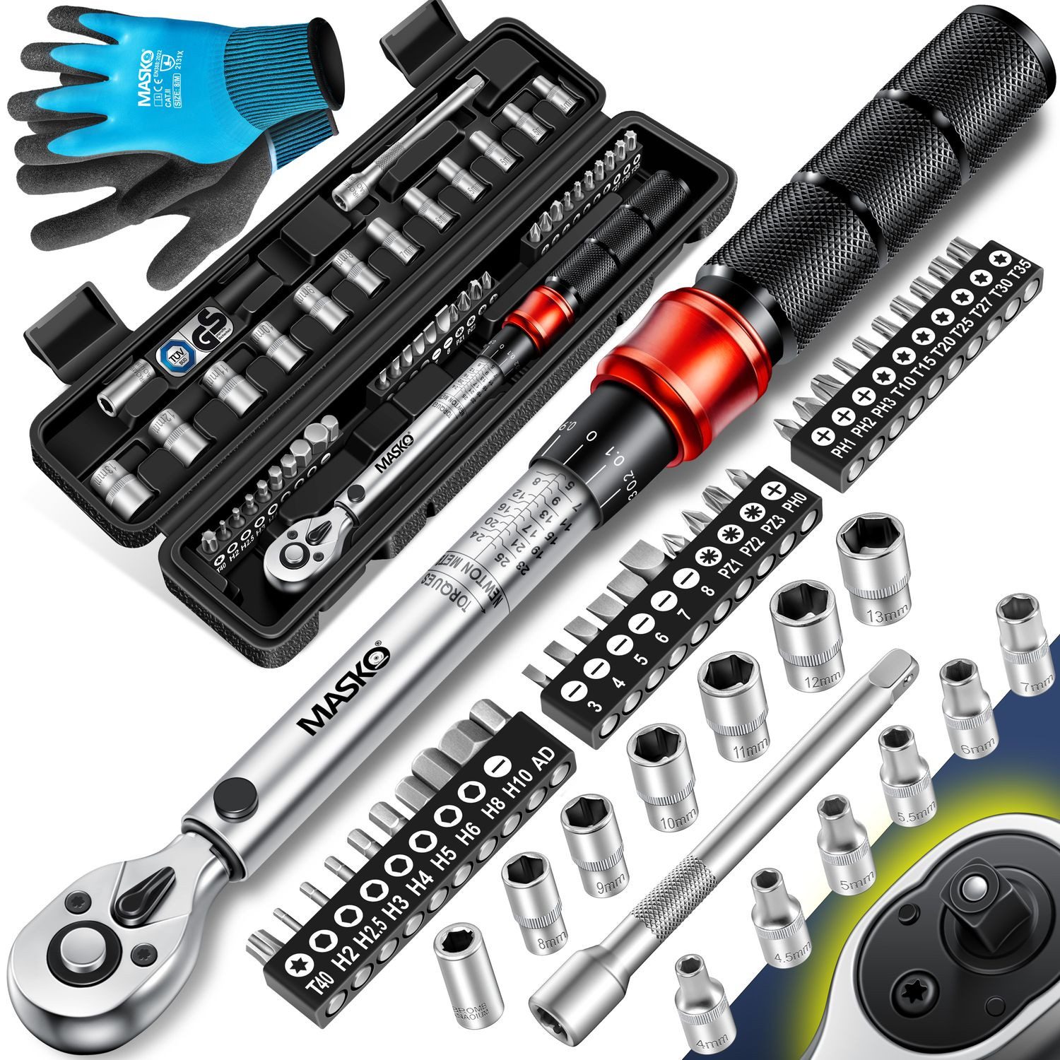 MASKO Drehmomentschlüssel, 45-tlg. Set Auto, Fahrrad & Motorrad 1/4 Zoll 5-25Nm inkl. Handschuhe