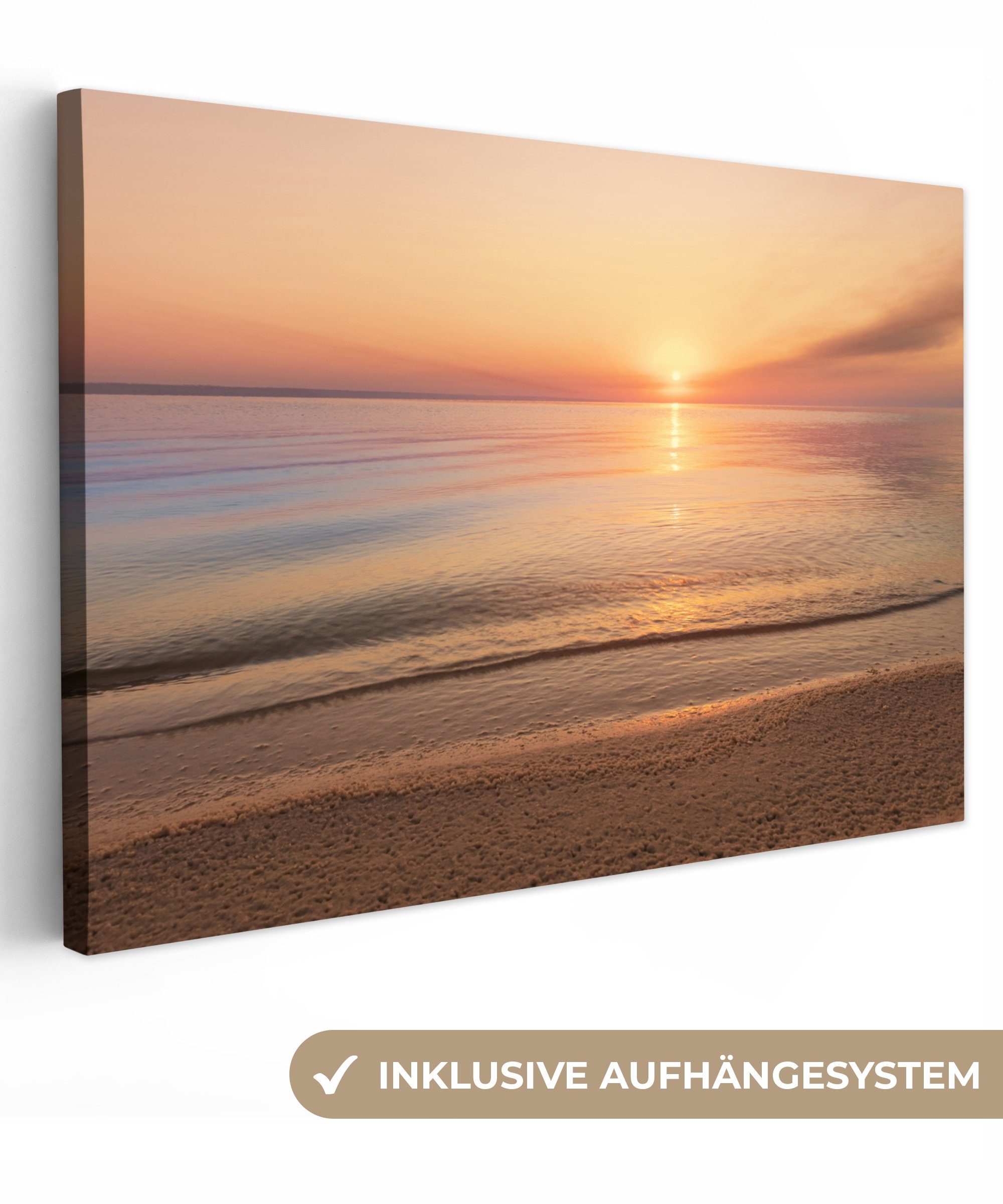 OneMillionCanvasses® Leinwandbild Strand - Meer - Rosa - Sonnenuntergang, Fotodruck (1 St), Leinwand Bilder Klein, Wand Dekoration Aesthetic 30x20 cm