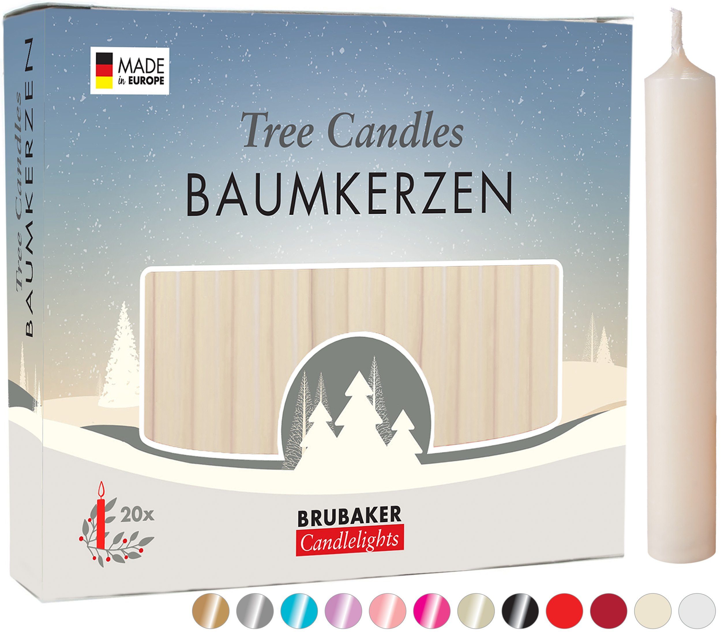 BRUBAKER Tafelkerze Baumkerzen aus Wachs (1 Packung Christbaumkerzen, 20-tlg), rauchfreie und geruchsneutrale Pyramidenkerzen, Wachskerzen für Weihnachtsdekoration, bunte Weihnachtskerzen