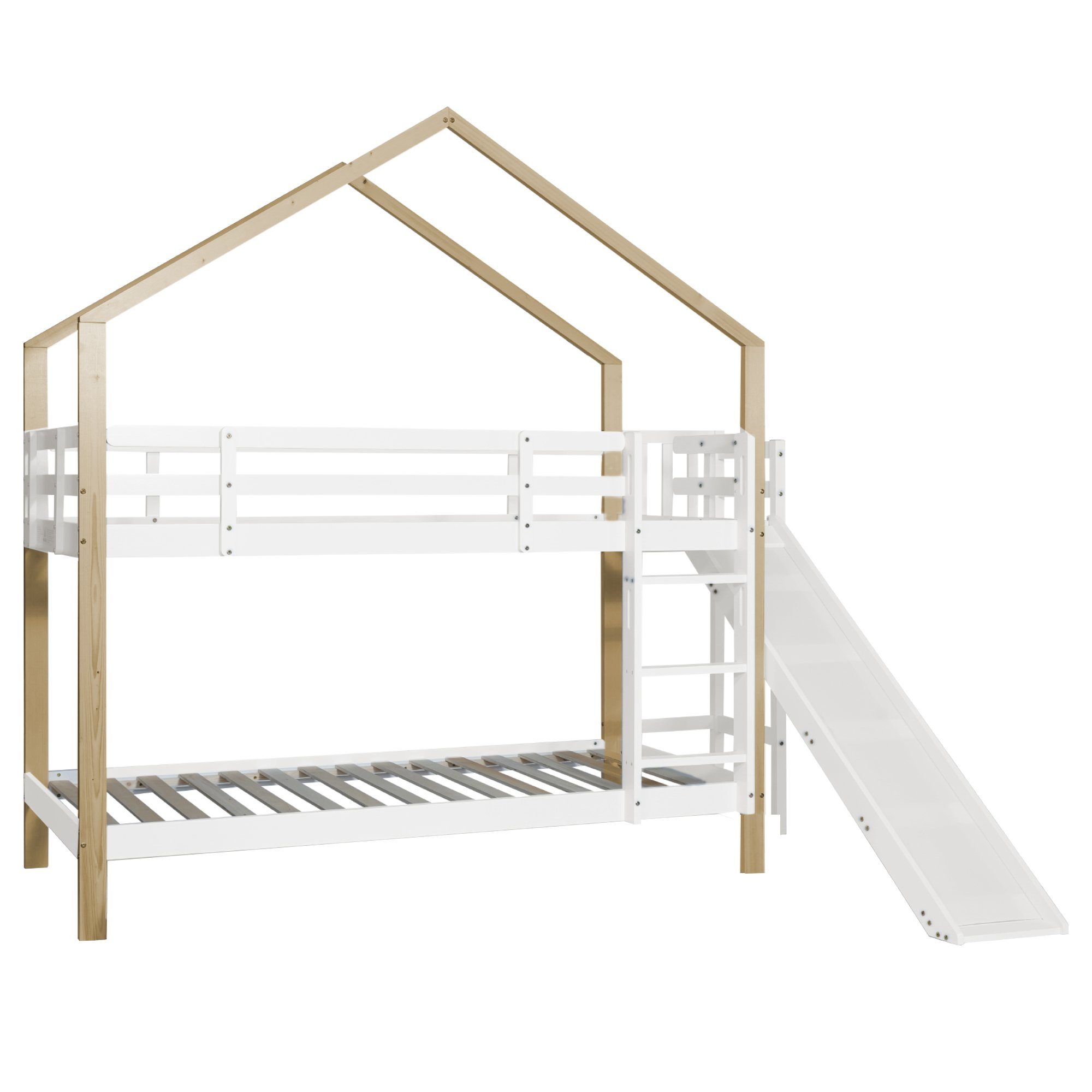 Etagenbett, Hochbett Kinderbett mit Lattenrost, Rutsche und Leiter, 90x200cm