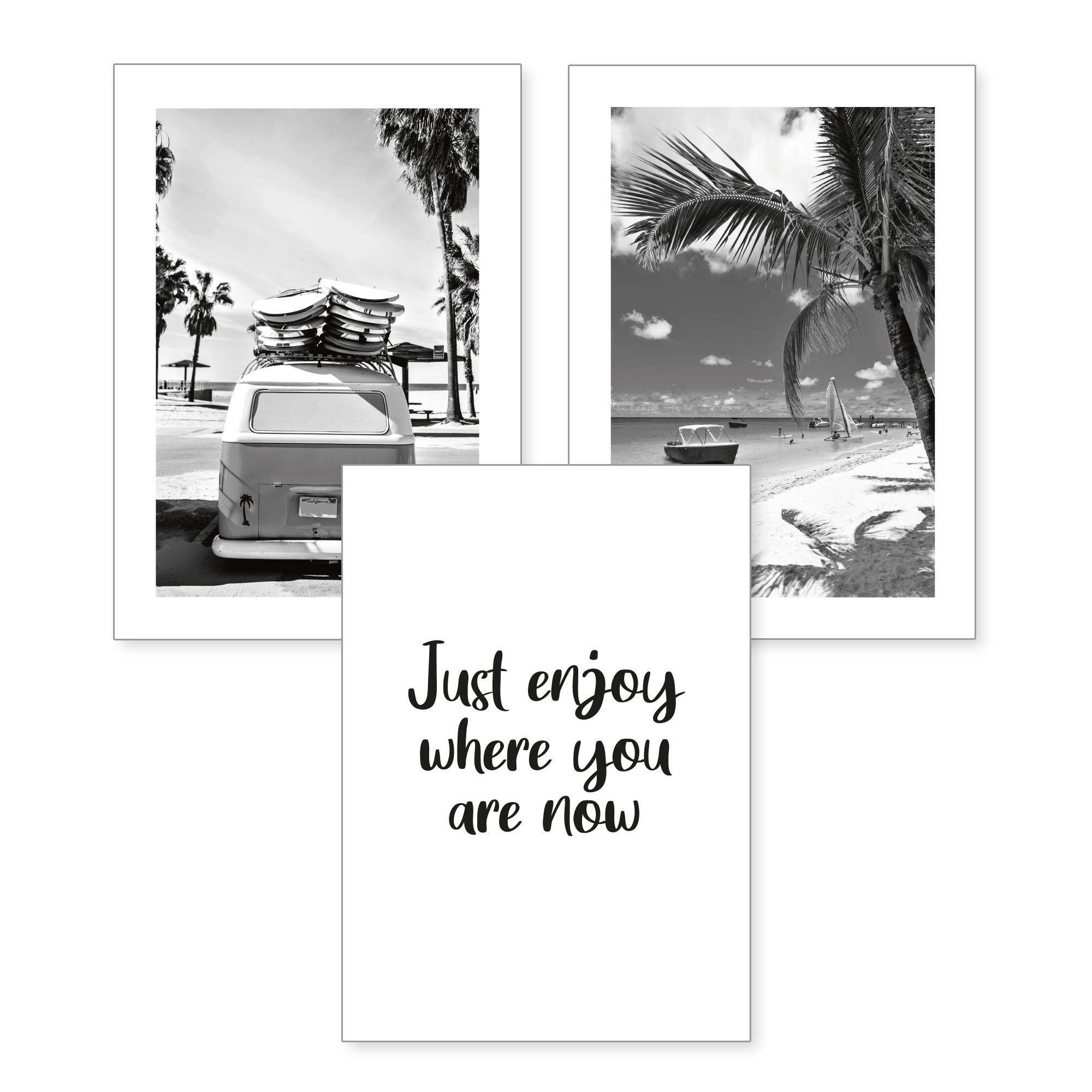 Kreative Feder Poster, Schwarz-Weiß, Fotografie, Urlaub, Strand, Meer, Palme (Set, 3 St), 3-teiliges Poster-Set, Wandbild, optional mit Rahmen, DIN A4 oder A3. € 11,95