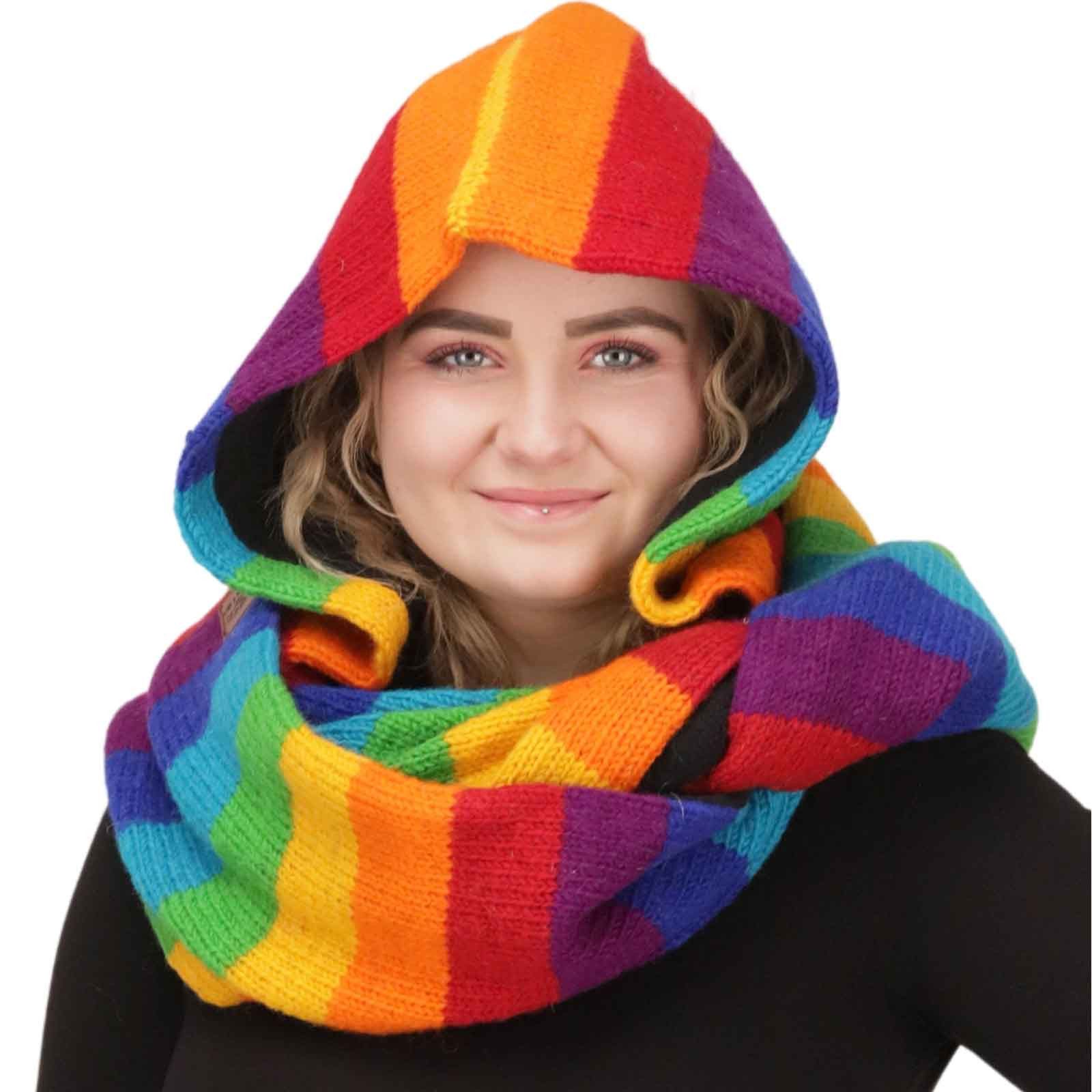 Strickmütze Kapuzenschal Loop Schalmütze Poncho Regenbogenfarben Wolle gestrickt