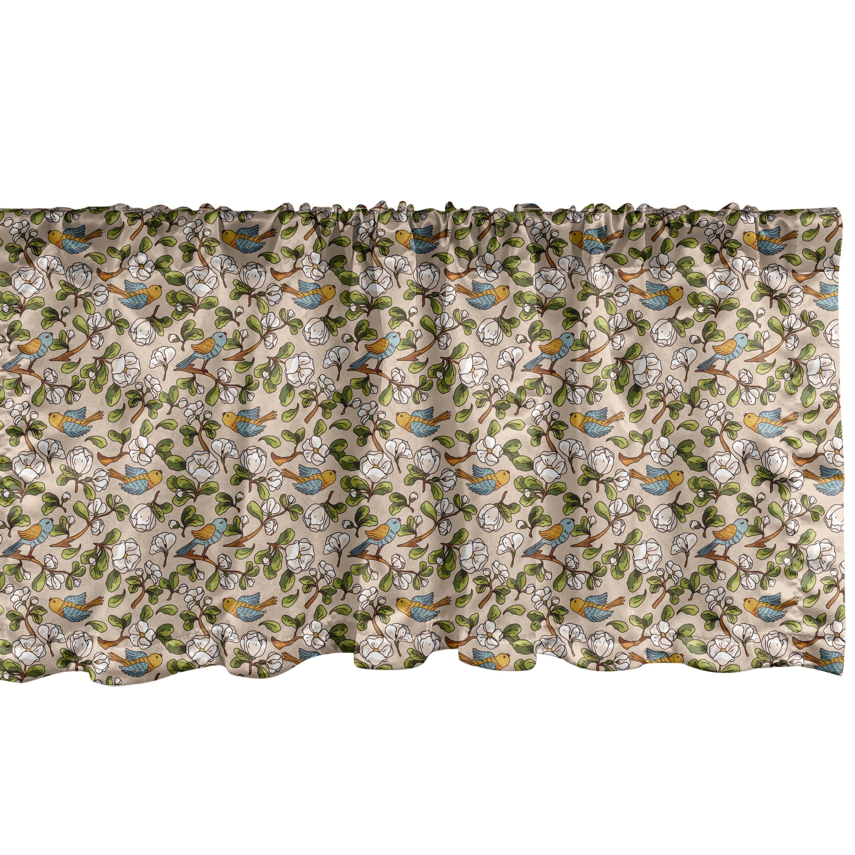 Scheibengardine Vorhang Volant für Küche Schlafzimmer Dekor mit Stangentasche, Abakuhaus, Microfaser, Blumen Apple-Blüten und Vögel | Scheibengardinen