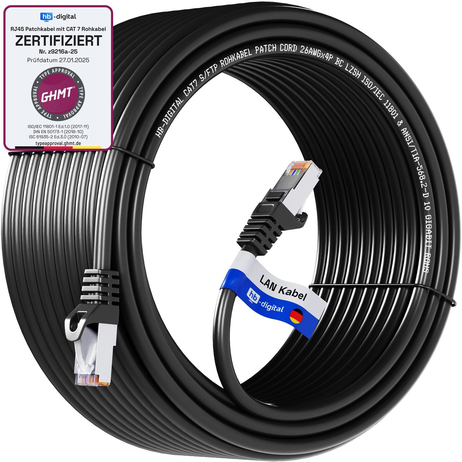 HB-DIGITAL Patchkabel CAT.7 Rohkabel LAN Kabel Cat7 S/FTP PiMF LSZH Netzwerkkabel, Netzwerkstecker, RJ-45 (1500 cm), Kontaktoberfläche: Pins Vergoldet 50µ