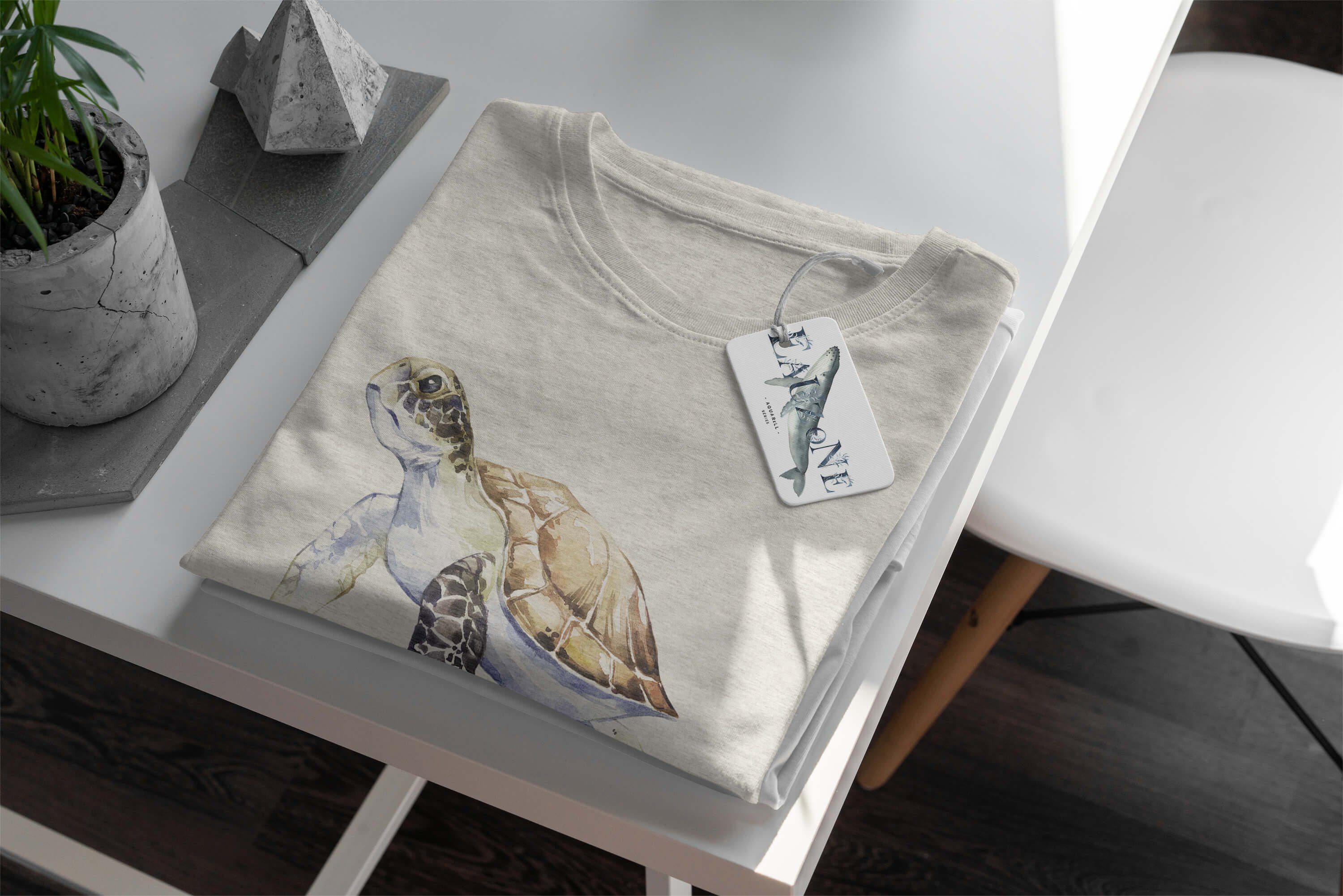 gekämmte Bio-Baumwolle Herren Shirt Wasserfarben Sinus Art (1-tlg) Motiv T-Shirt Nachhaltig Ök 100% T-Shirt Meeresschildkröte
