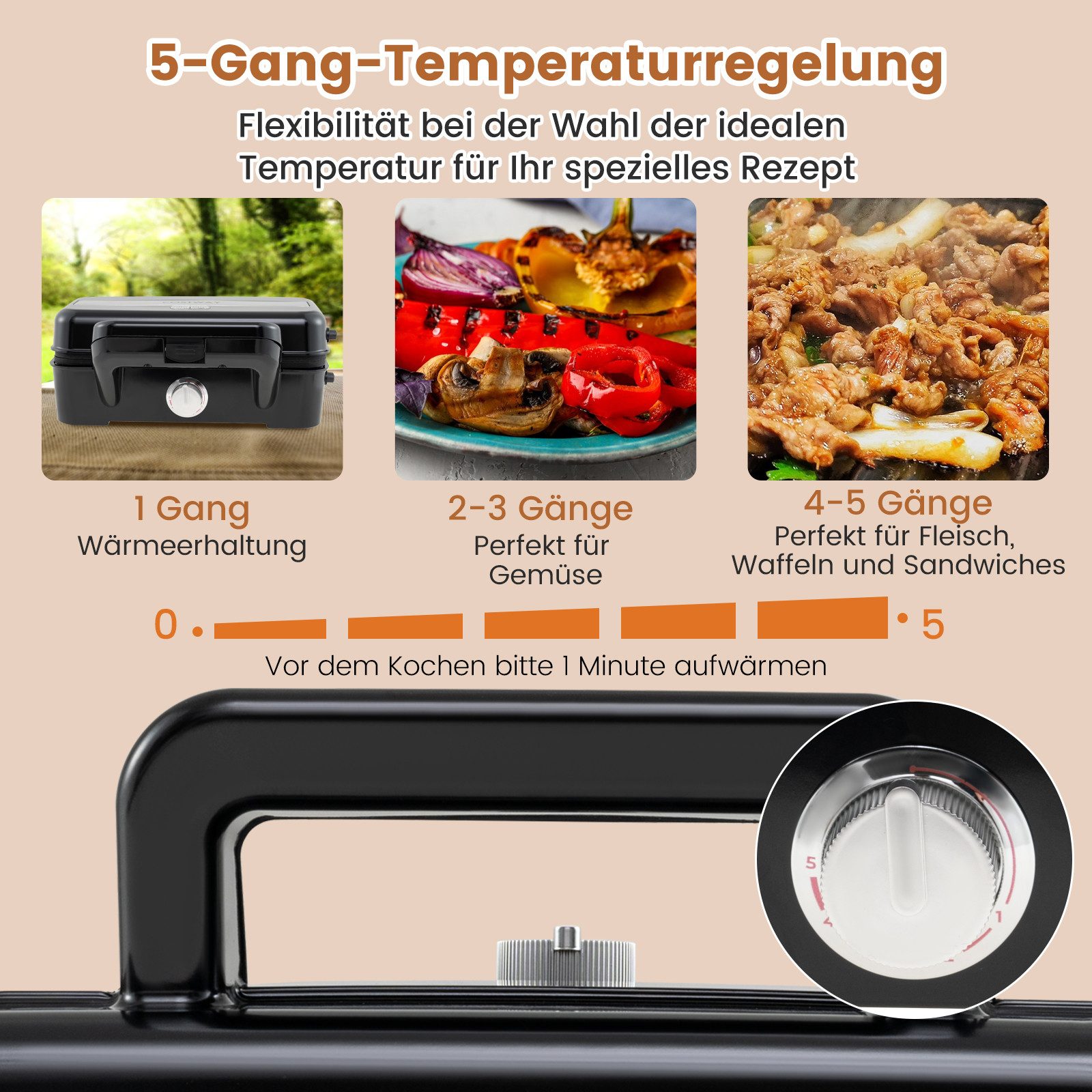 COSTWAY 3-in-1-Sandwichmaker, 1200 W, Waffeleisen, Panini-Presse, 6 Platten