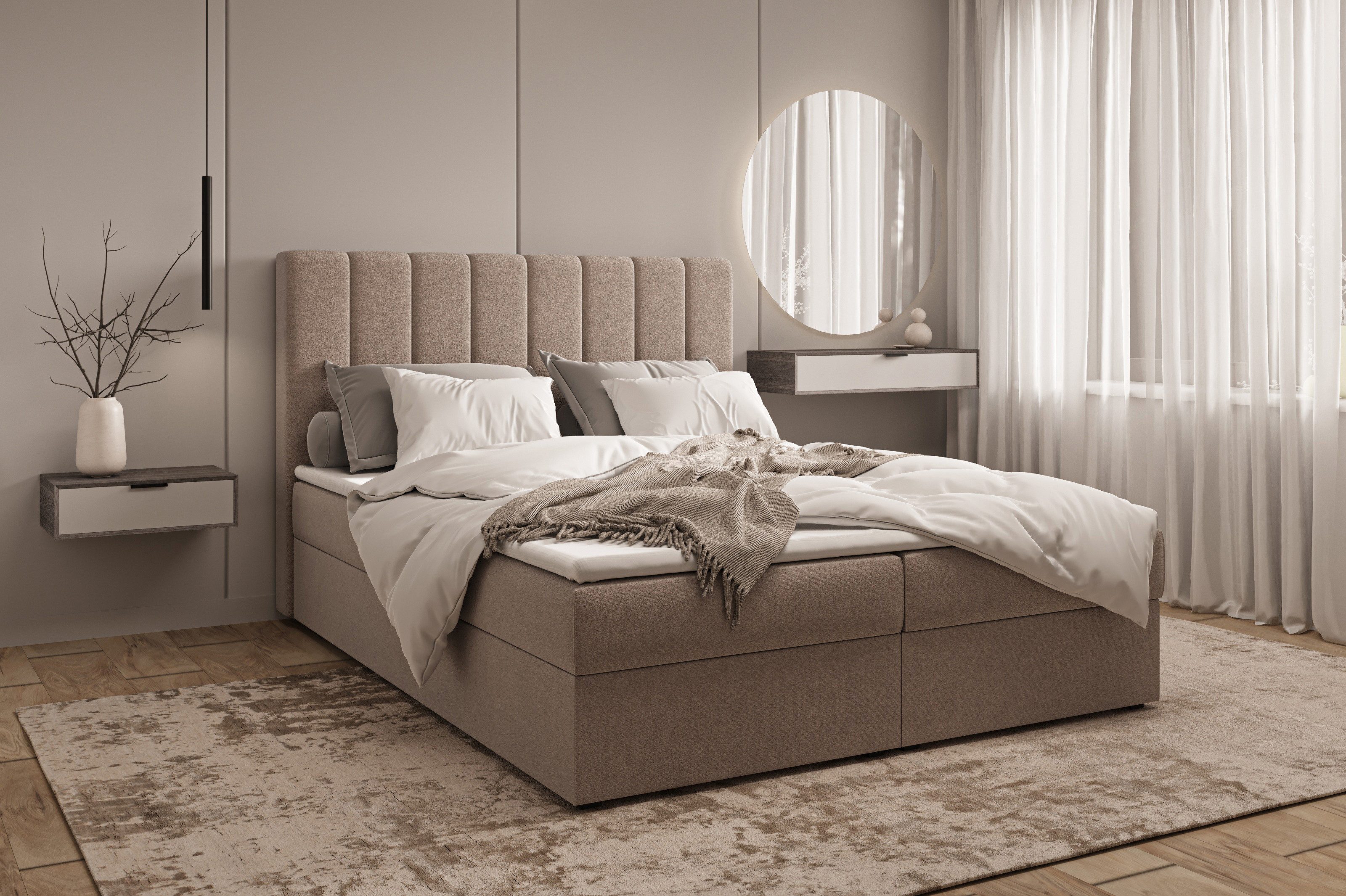 yourhouse24 Boxspringbett ISADORA Samt, mit Bettkasten & Topper, Vertikal gestepptes Kopfteil