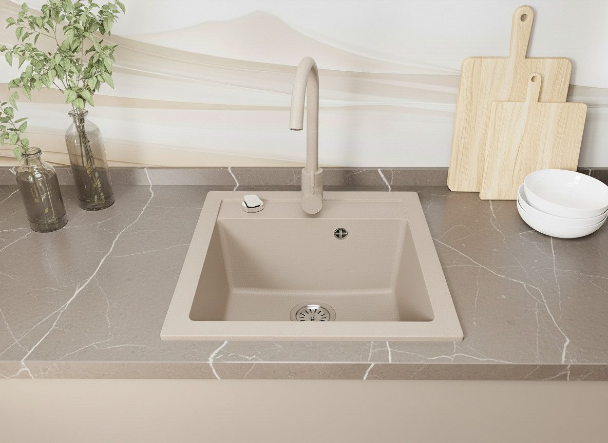 Faizee Möbel Granitspüle Granitspüle 49x52cm Küchenspüle inkl. Siphon Spülbecken Spüle, Eckig, 49/21 cm