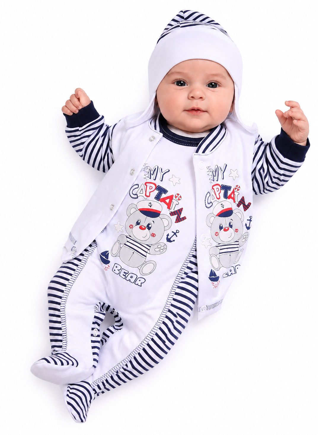 Strampler, Jäckchen & Mütze Erstlingsset Strampler Mütze und Hemdchen Set Baby Anzug gestreift