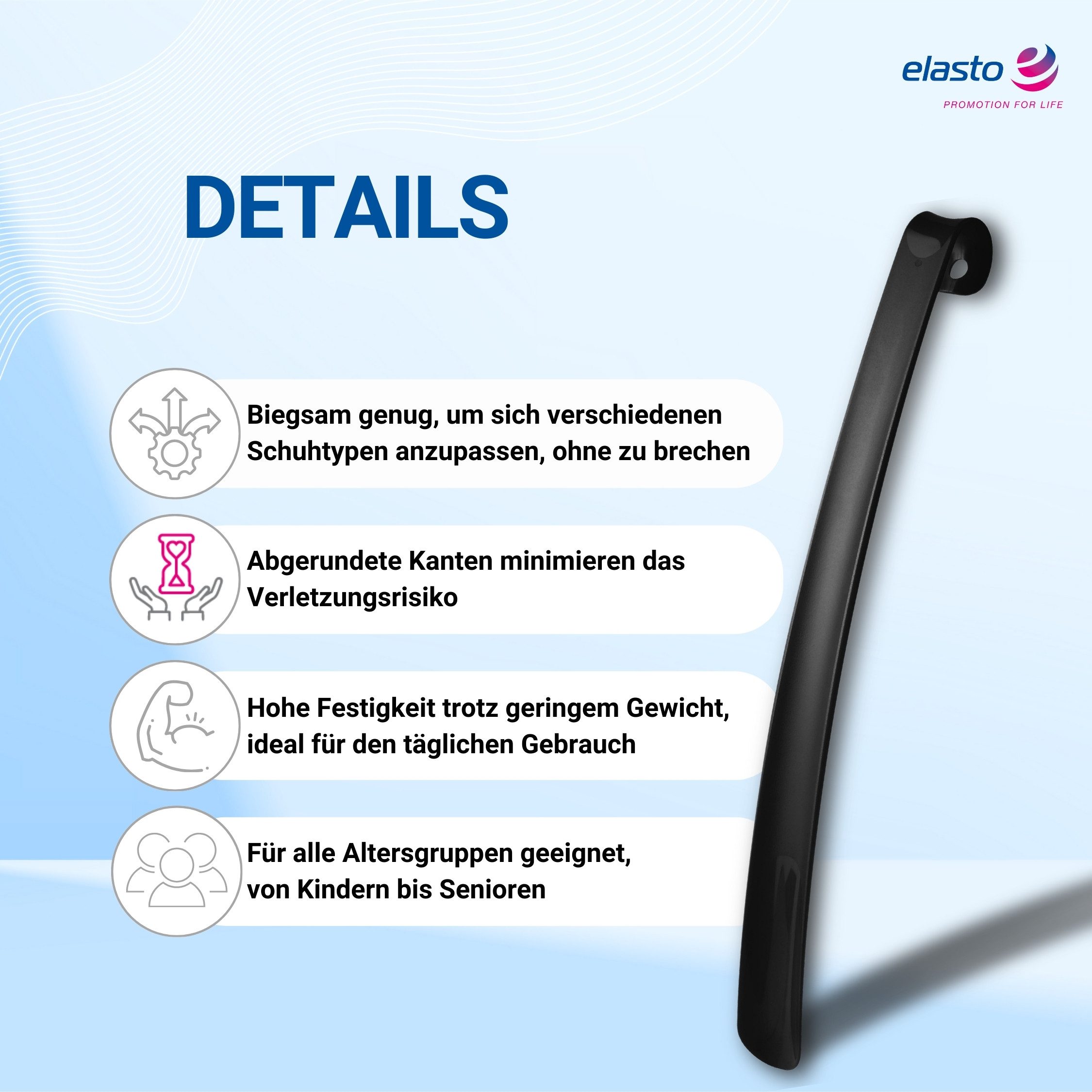 elasto Schuhlöffel Langer Schuhanzieher mit praktischer Öse zum Aufhängen